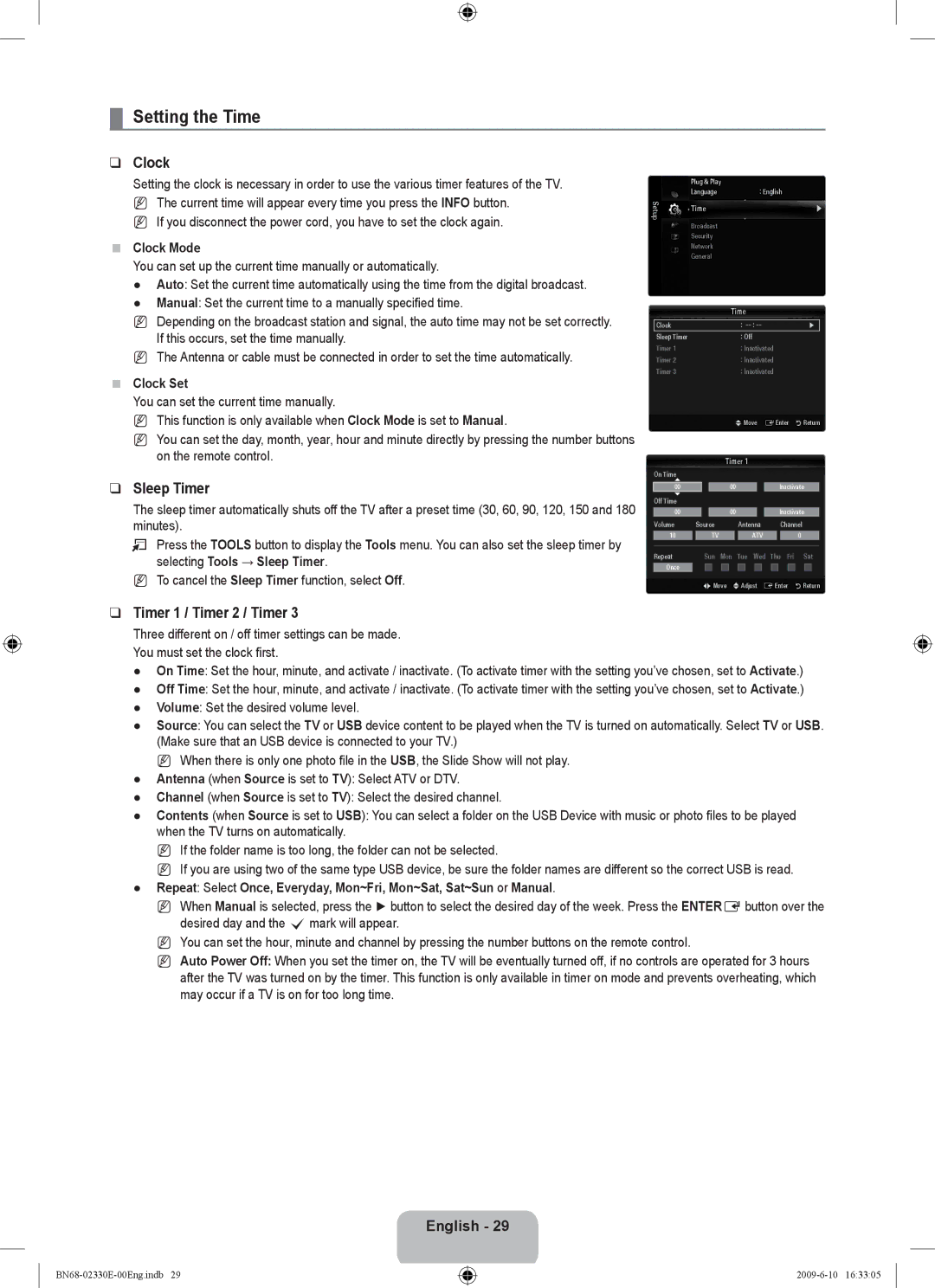 Samsung UE40B8000XWXBT manual Setting the Time, Clock, Sleep Timer, Timer 1 / Timer 2 / Timer 