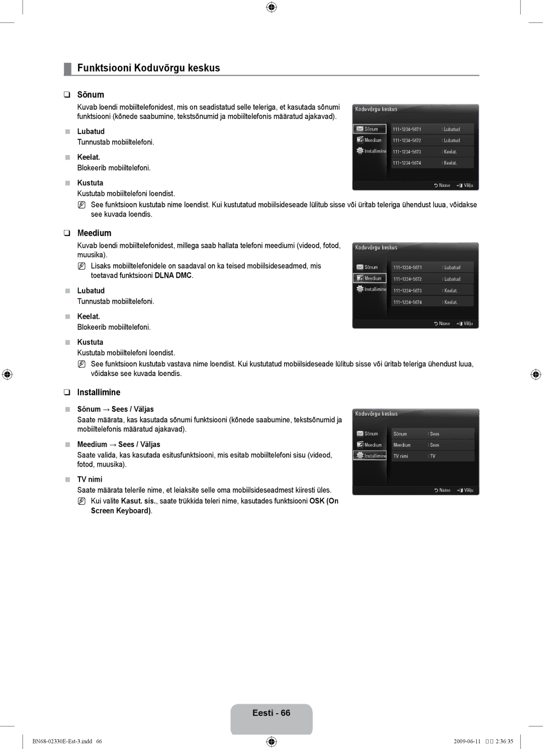 Samsung UE40B8000XWXBT manual Funktsiooni Koduvõrgu keskus, Sõnum, Meedium 