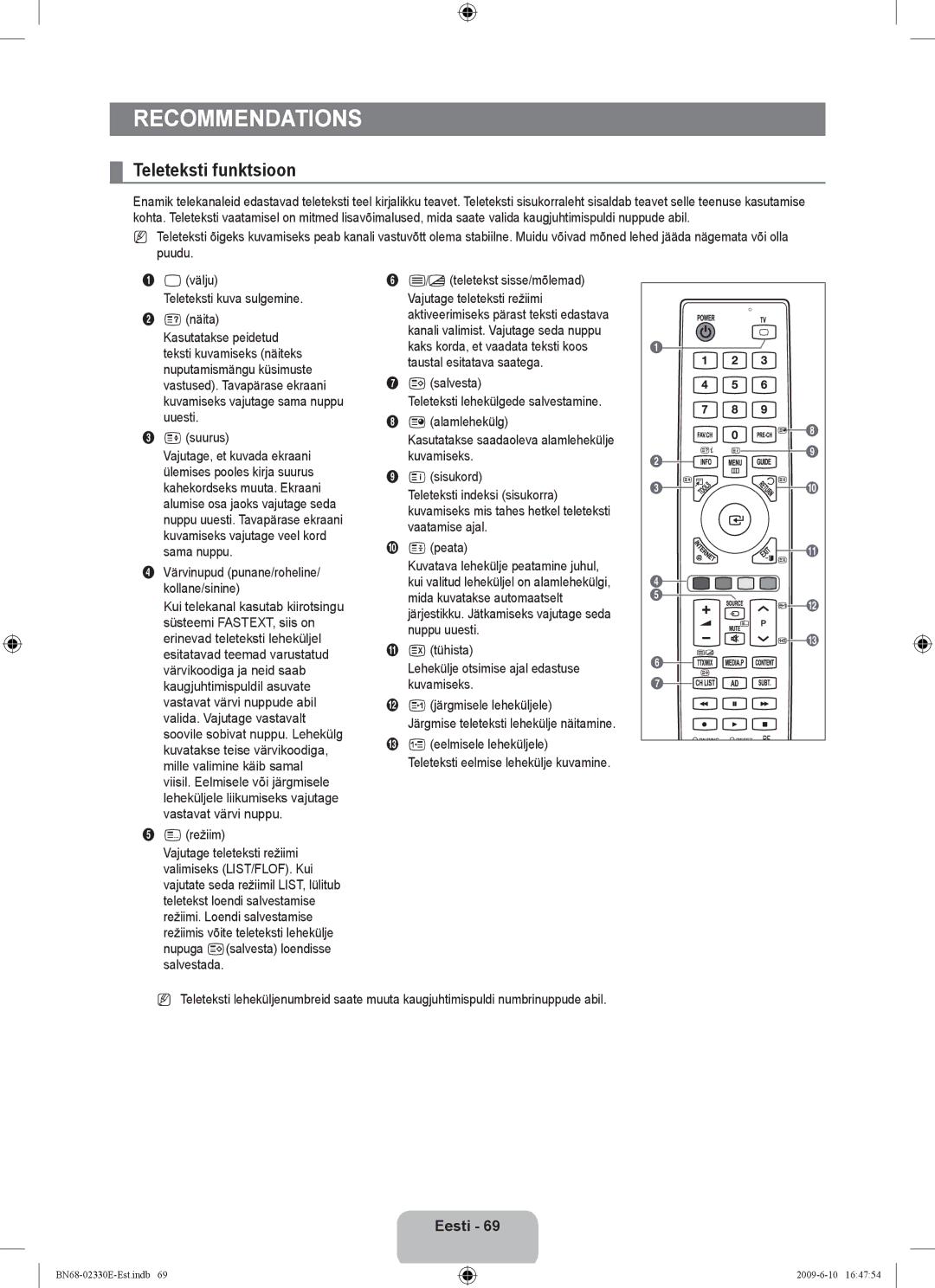 Samsung UE40B8000XWXBT manual Teleteksti funktsioon 