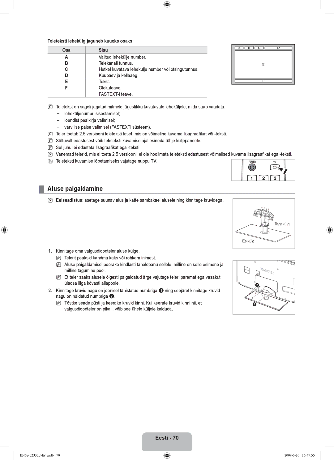 Samsung UE40B8000XWXBT manual Aluse paigaldamine, Teleteksti lehekülg jaguneb kuueks osaks Osa, Valitud lehekülje number 