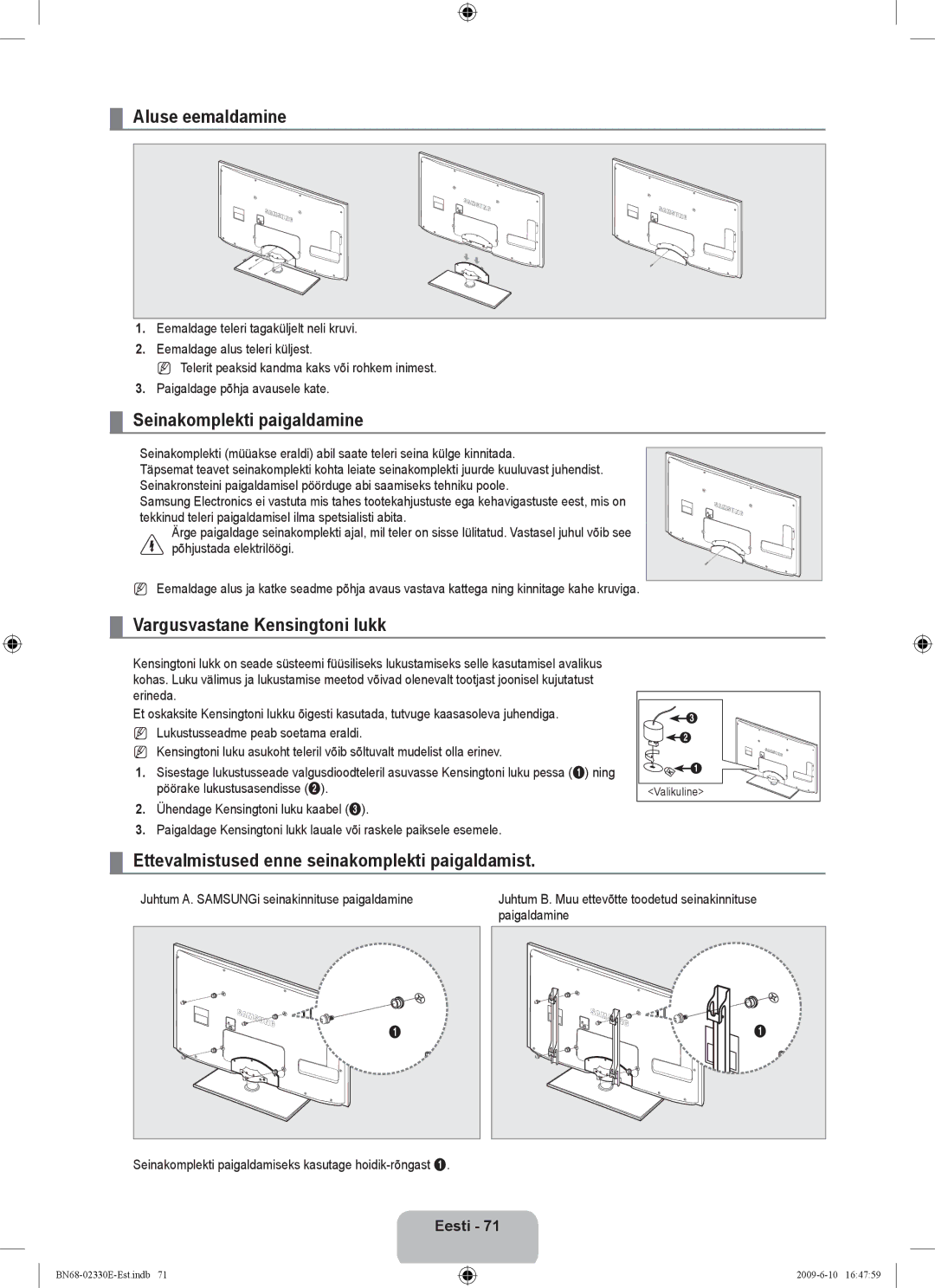 Samsung UE40B8000XWXBT manual Aluse eemaldamine, Seinakomplekti paigaldamine, Vargusvastane Kensingtoni lukk 