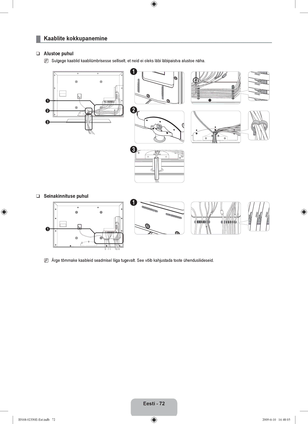 Samsung UE40B8000XWXBT manual Kaablite kokkupanemine, Alustoe puhul, Seinakinnituse puhul, Eesti 2 