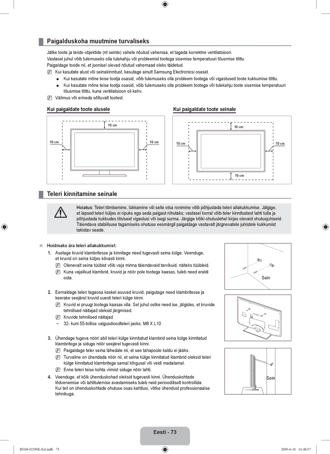 Samsung UE40B8000XWXBT manual Paigalduskoha muutmine turvaliseks, Teleri kinnitamine seinale, Kui paigaldate toote alusele 