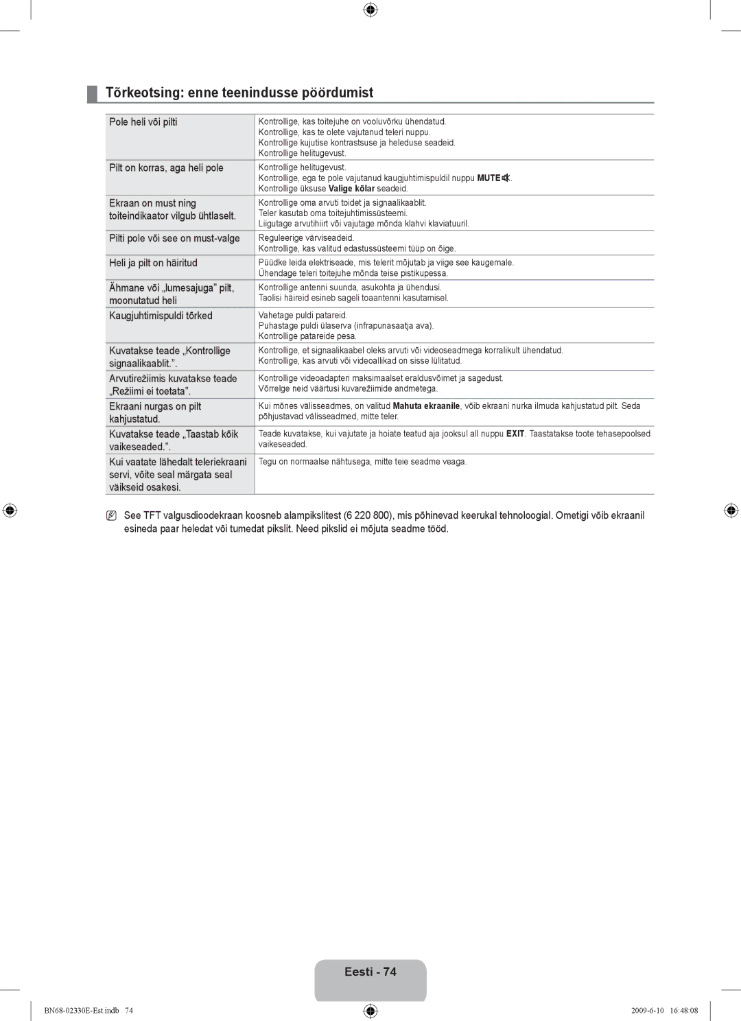 Samsung UE40B8000XWXBT manual Tõrkeotsing enne teenindusse pöördumist 