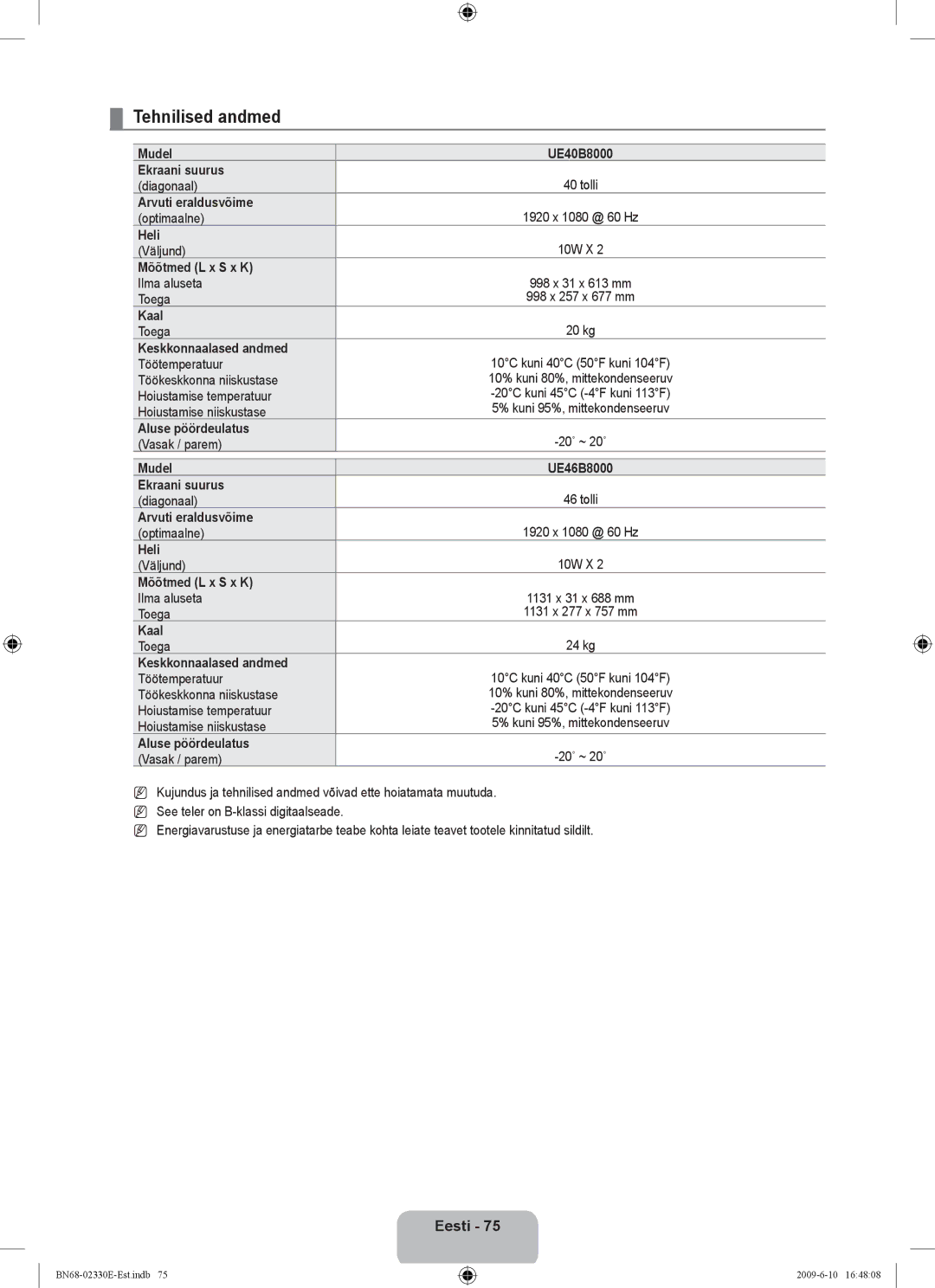 Samsung UE40B8000XWXBT manual Tehnilised andmed 