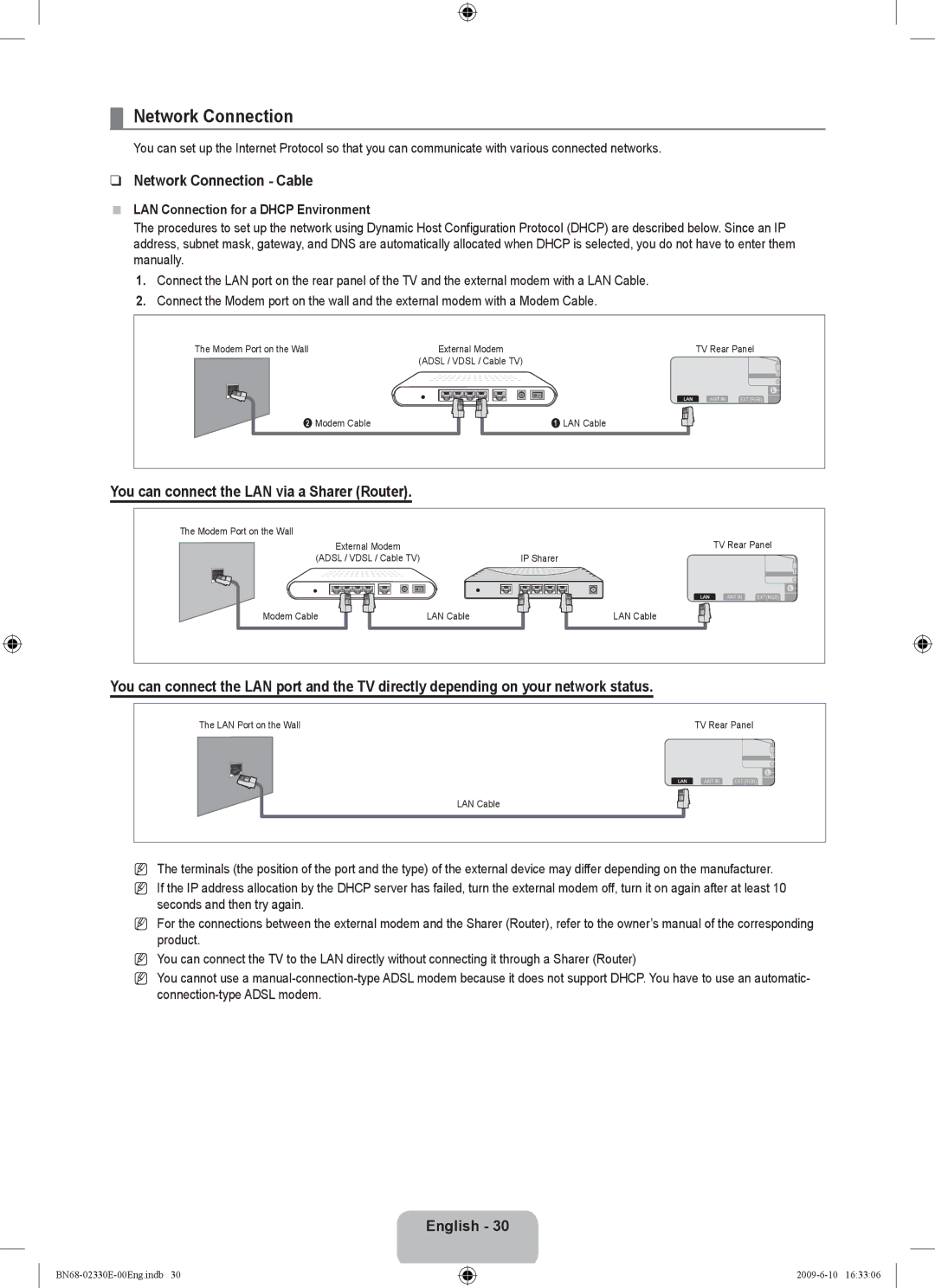 Samsung UE40B8000XWXBT manual Network Connection Cable, You can connect the LAN via a Sharer Router 