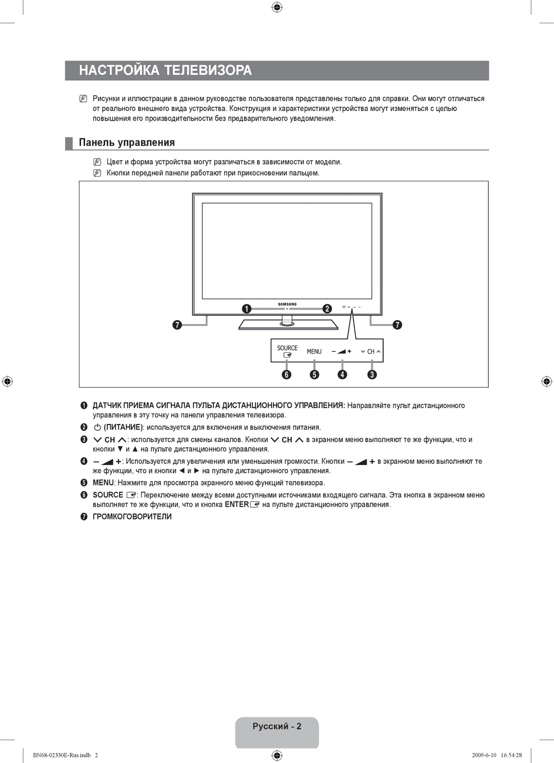 Samsung UE40B8000XWXBT manual Настройка телевизора, Панель управления, Громкоговорители 