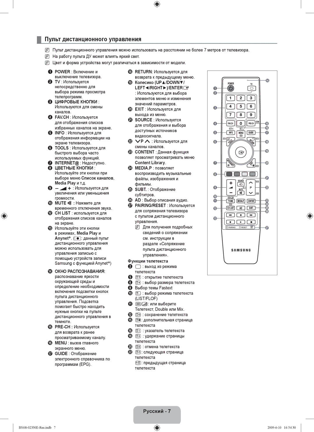 Samsung UE40B8000XWXBT manual Пульт дистанционного управления, Цифровые Кнопки, Цветные Кнопки 