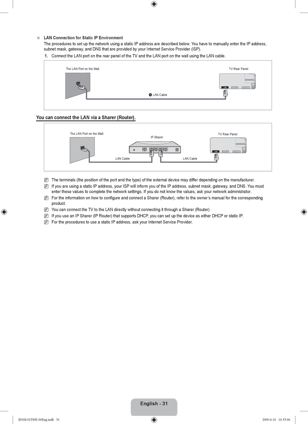 Samsung UE40B8000XWXBT manual LAN Connection for Static IP Environment 