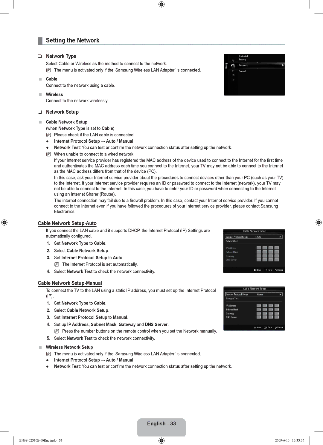 Samsung UE40B8000XWXBT manual Setting the Network, Network Type, Cable Network Setup-Auto, Cable Network Setup-Manual 