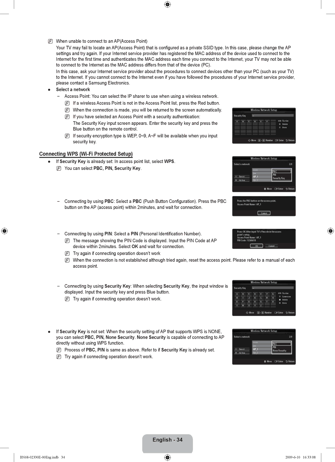 Samsung UE40B8000XWXBT Connecting WPS Wi-Fi Protected Setup, When unable to connect to an APAccess Point, Select a network 