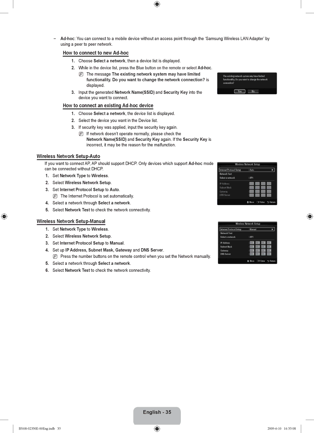 Samsung UE40B8000XWXBT How to connect to new Ad-hoc, How to connect an existing Ad-hoc device, Wireless Network Setup-Auto 