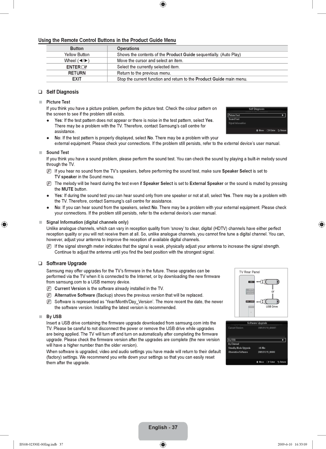 Samsung UE40B8000XWXBT manual Using the Remote Control Buttons in the Product Guide Menu, Self Diagnosis, Software Upgrade 