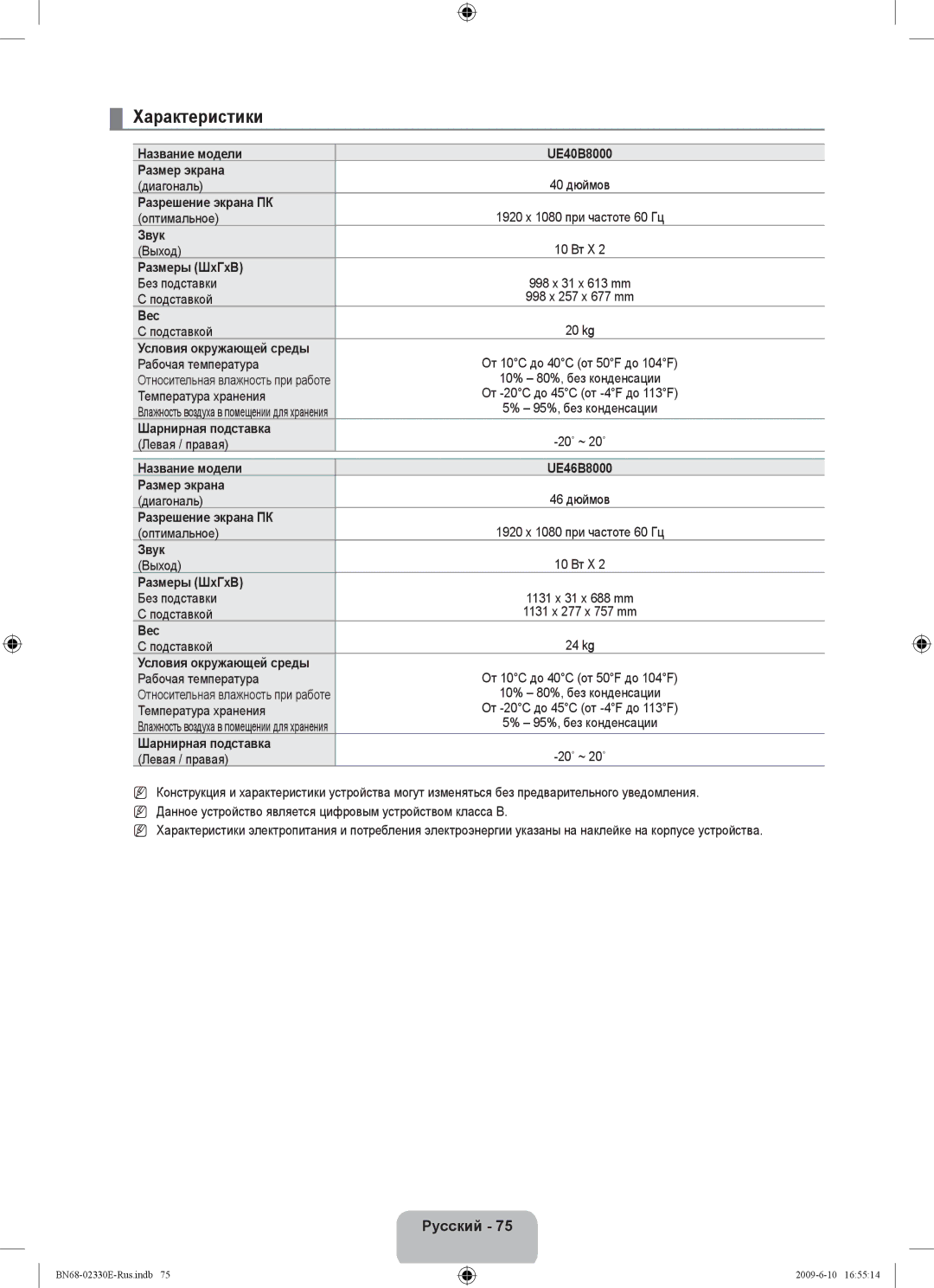 Samsung UE40B8000XWXBT manual Характеристики 