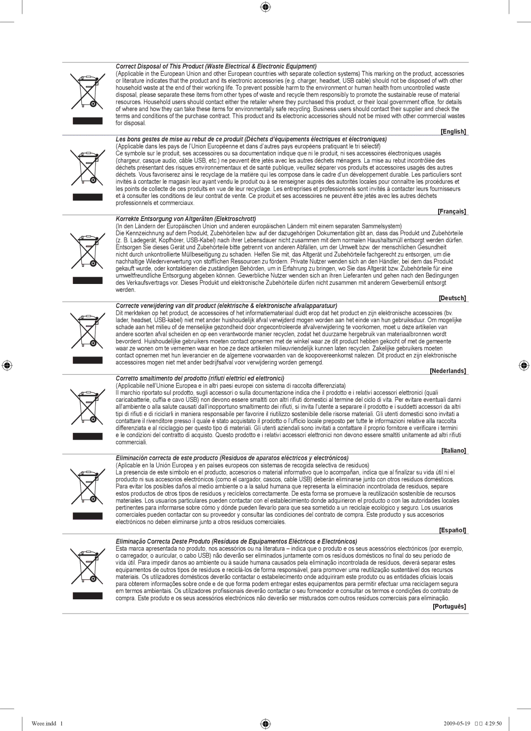 Samsung UE40B8000XWXBT manual Korrekte Entsorgung von Altgeräten Elektroschrott 