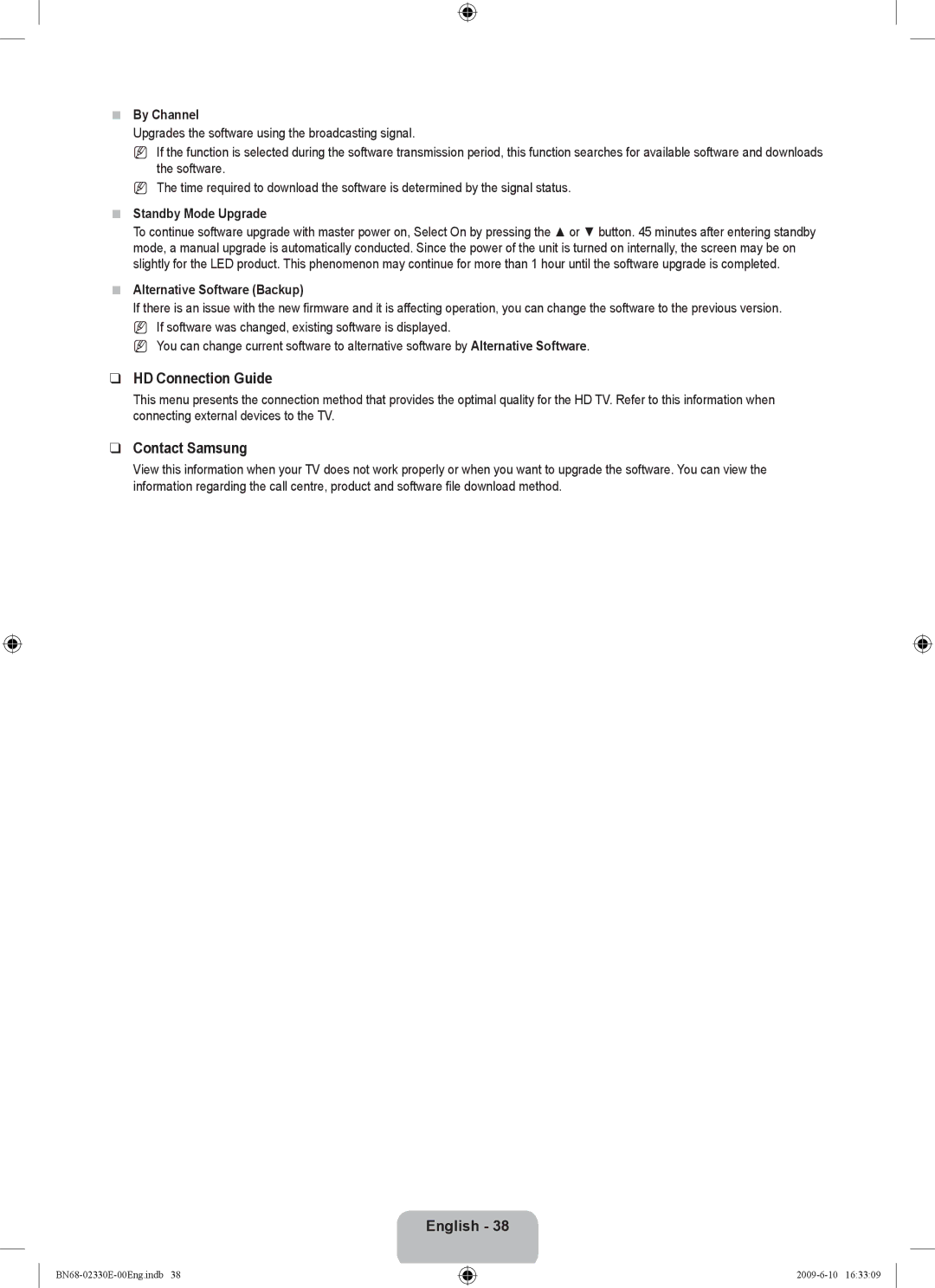 Samsung UE40B8000XWXBT HD Connection Guide, Contact Samsung, By Channel, Standby Mode Upgrade, Alternative Software Backup 