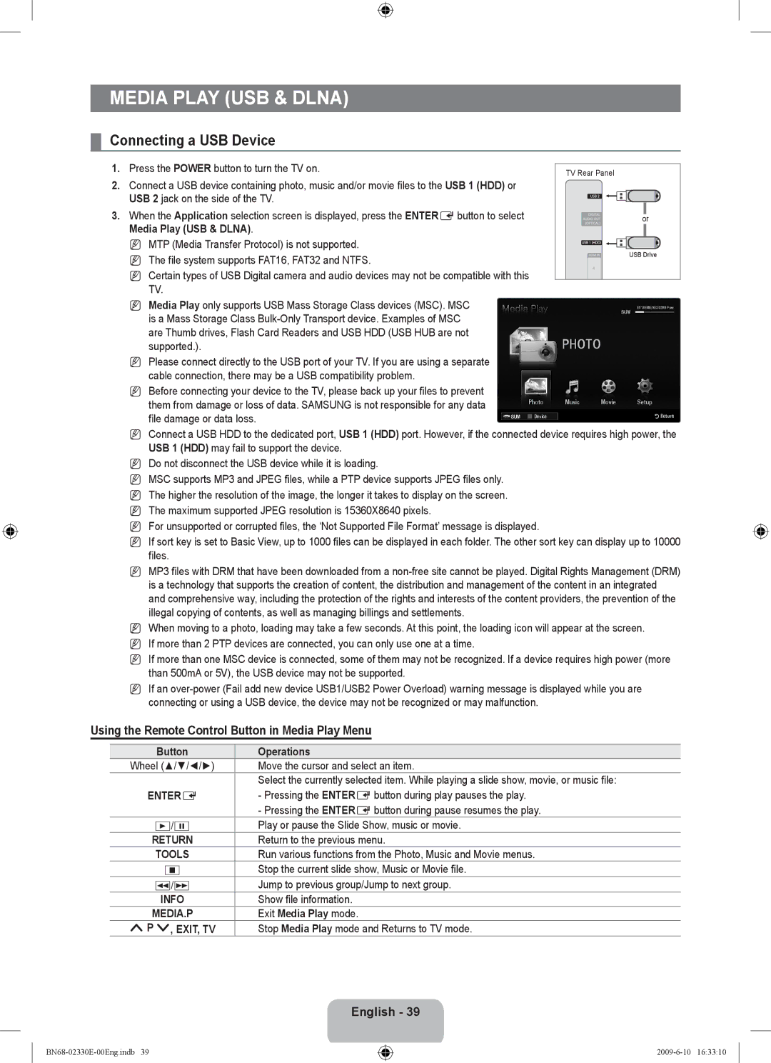 Samsung UE40B8000XWXBT Media Play USB & Dlna, Connecting a USB Device, Using the Remote Control Button in Media Play Menu 