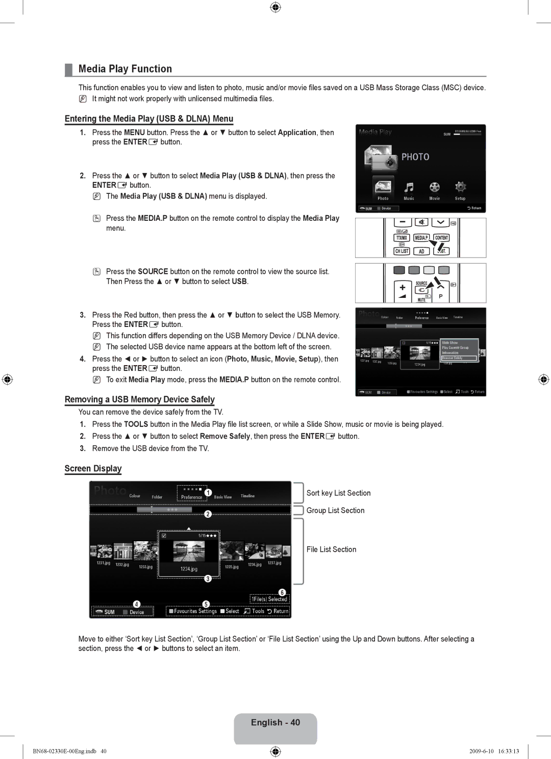 Samsung UE40B8000XWXBT Media Play Function, Entering the Media Play USB & Dlna Menu, Removing a USB Memory Device Safely 