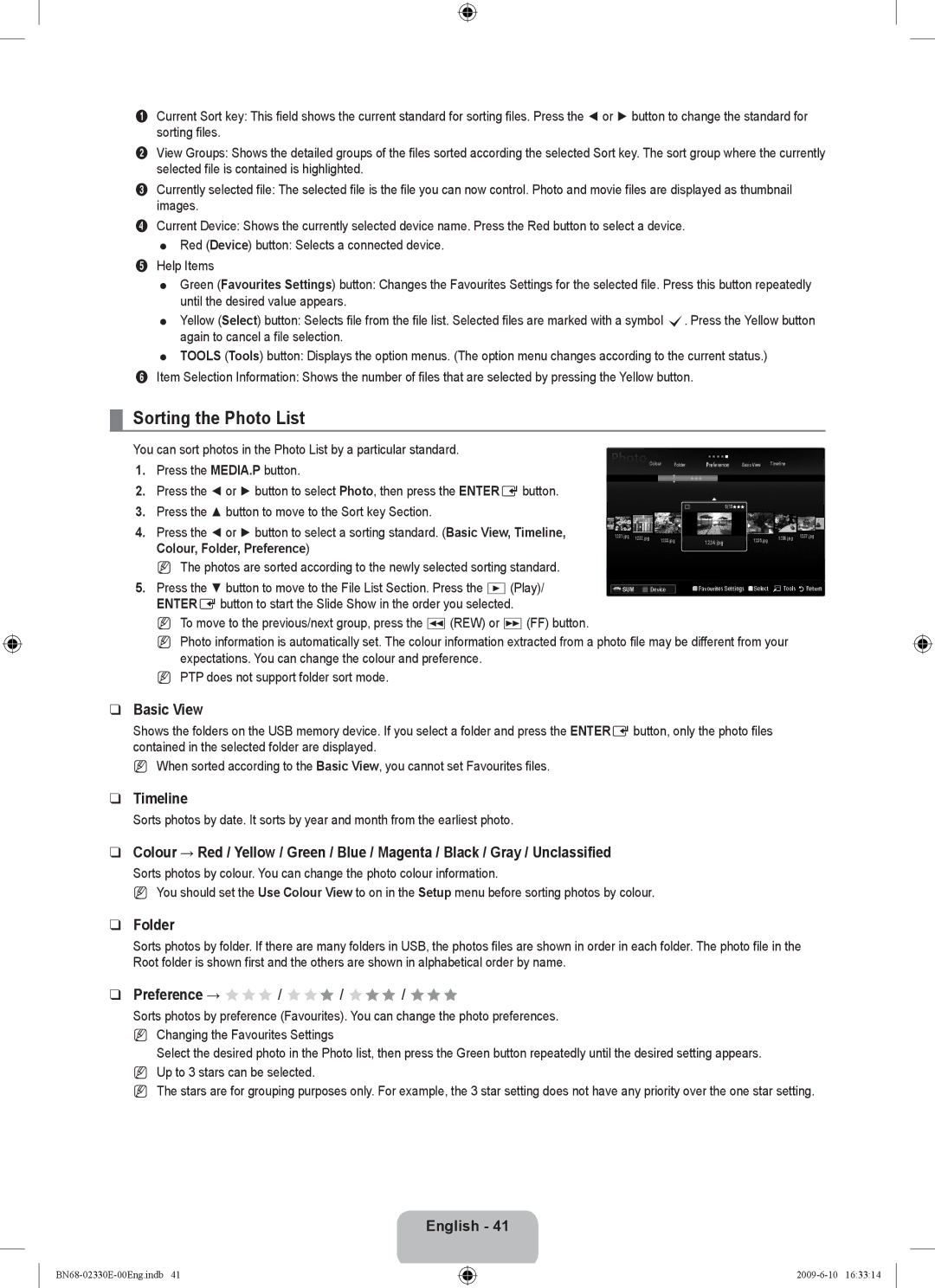 Samsung UE40B8000XWXBT manual Sorting the Photo List, Basic View, Timeline, Folder, Preference → FFF / FFF / FFF / FFF 