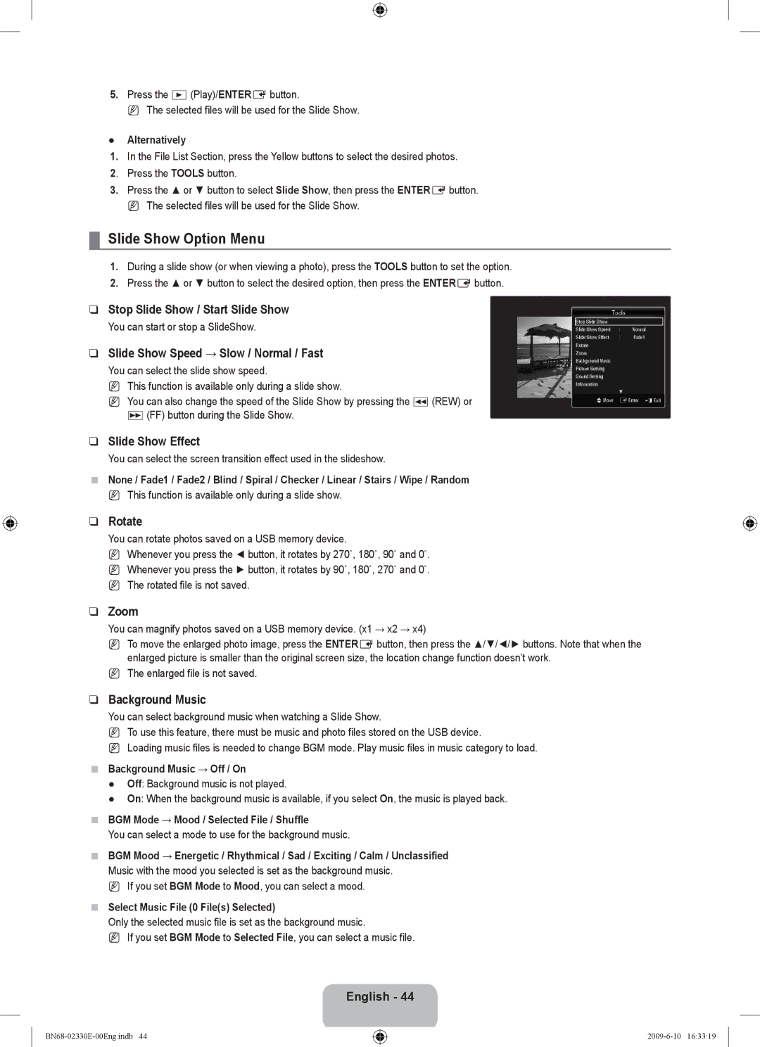 Samsung UE40B8000XWXBT manual Slide Show Option Menu 