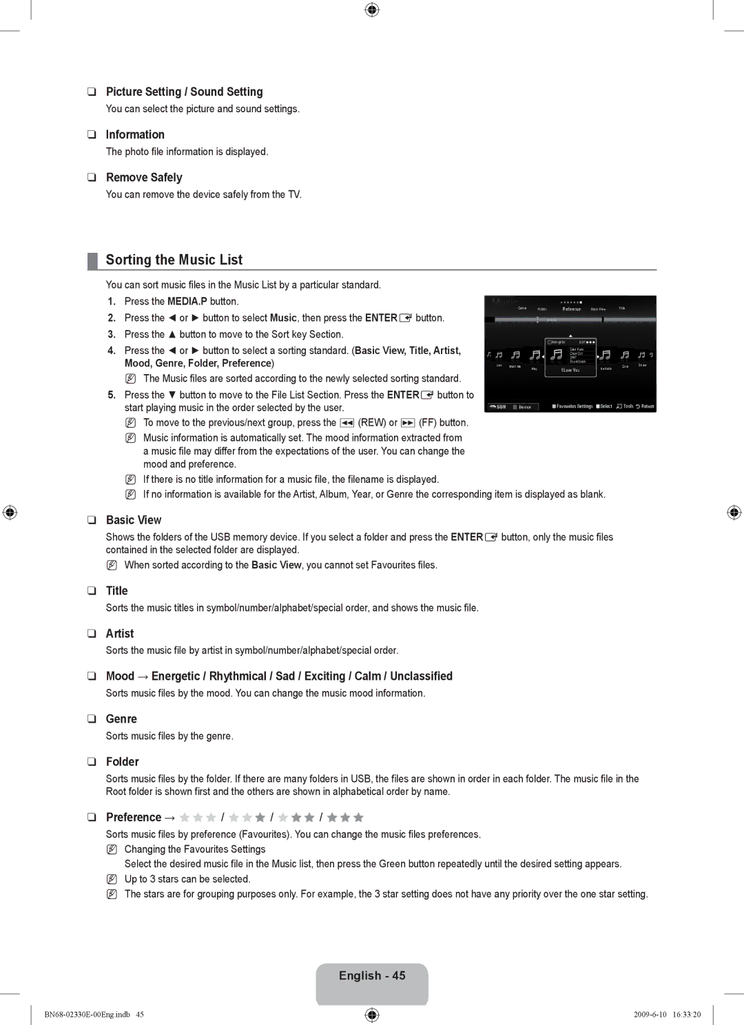 Samsung UE40B8000XWXBT manual Sorting the Music List, Picture Setting / Sound Setting, Title, Artist, Genre 