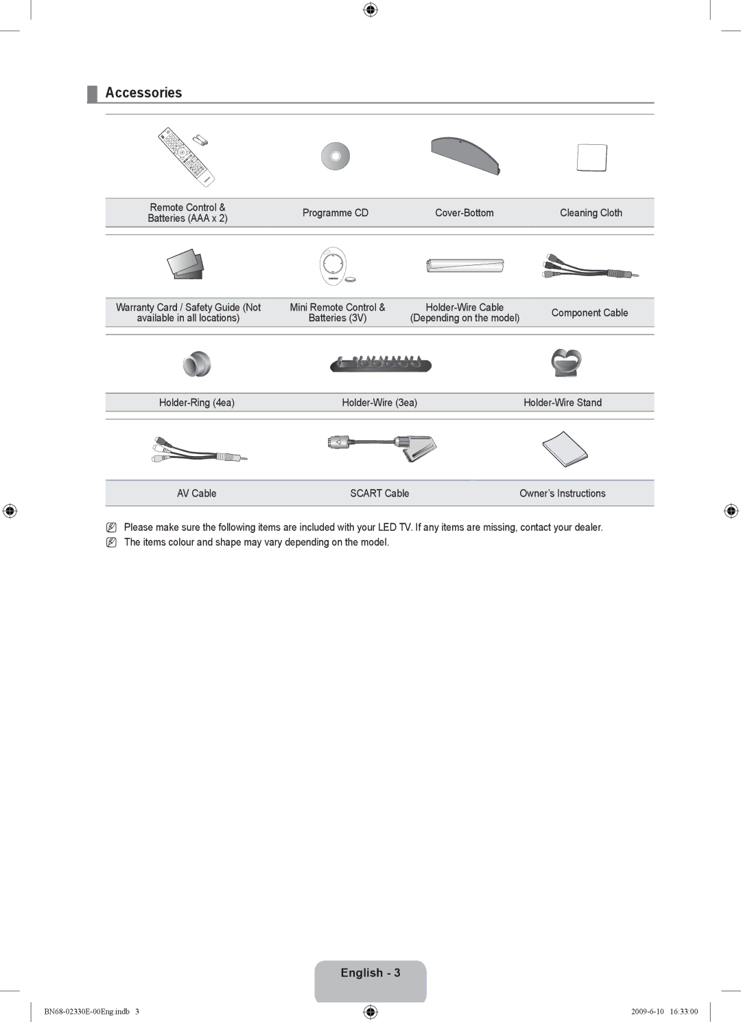 Samsung UE40B8000XWXBT manual Accessories, Programme CD Cover-Bottom Cleaning Cloth, Holder-Wire Cable Component Cable 