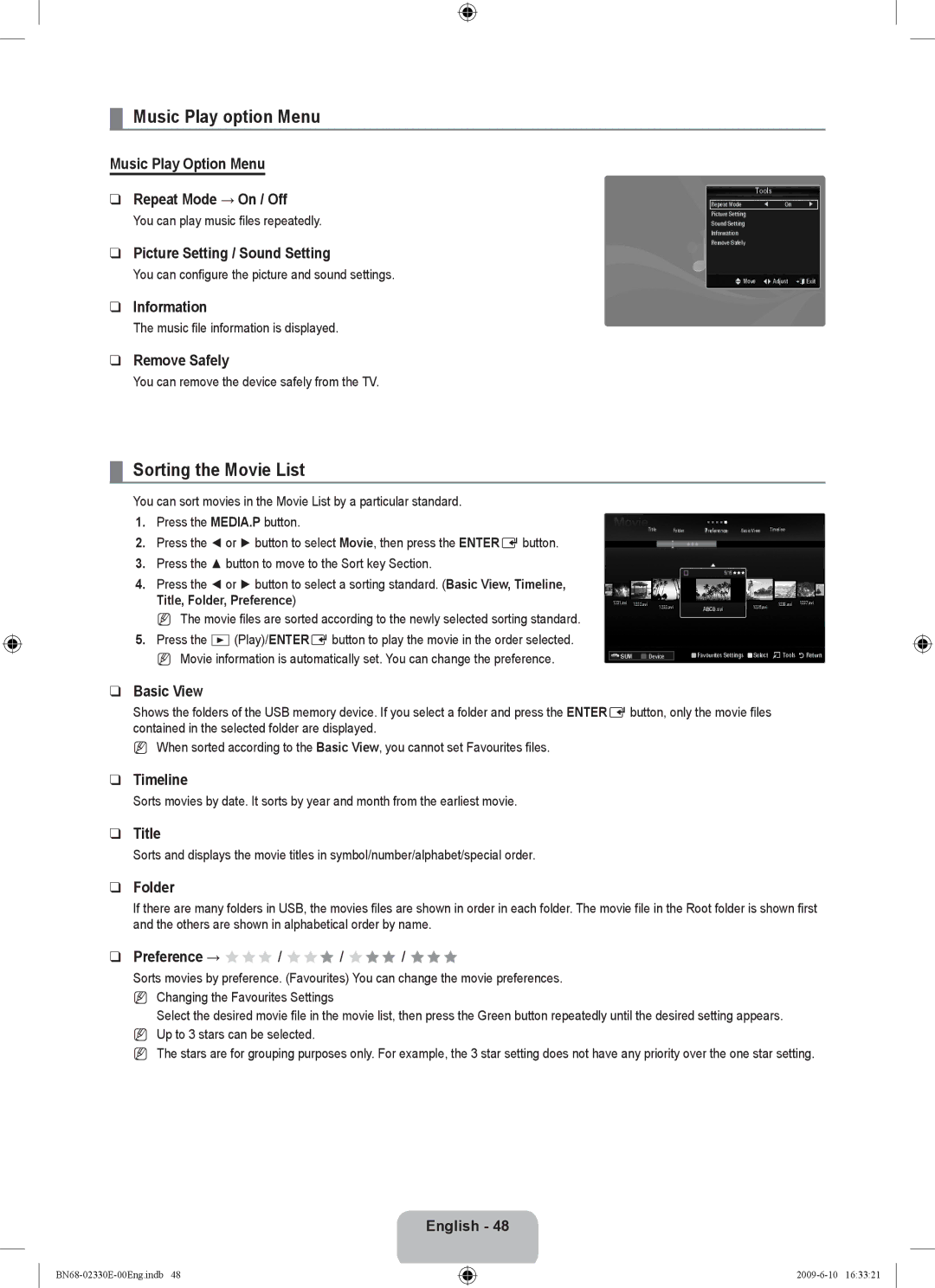 Samsung UE40B8000XWXBT manual Music Play option Menu, Sorting the Movie List, Music Play Option Menu Repeat Mode → On / Off 