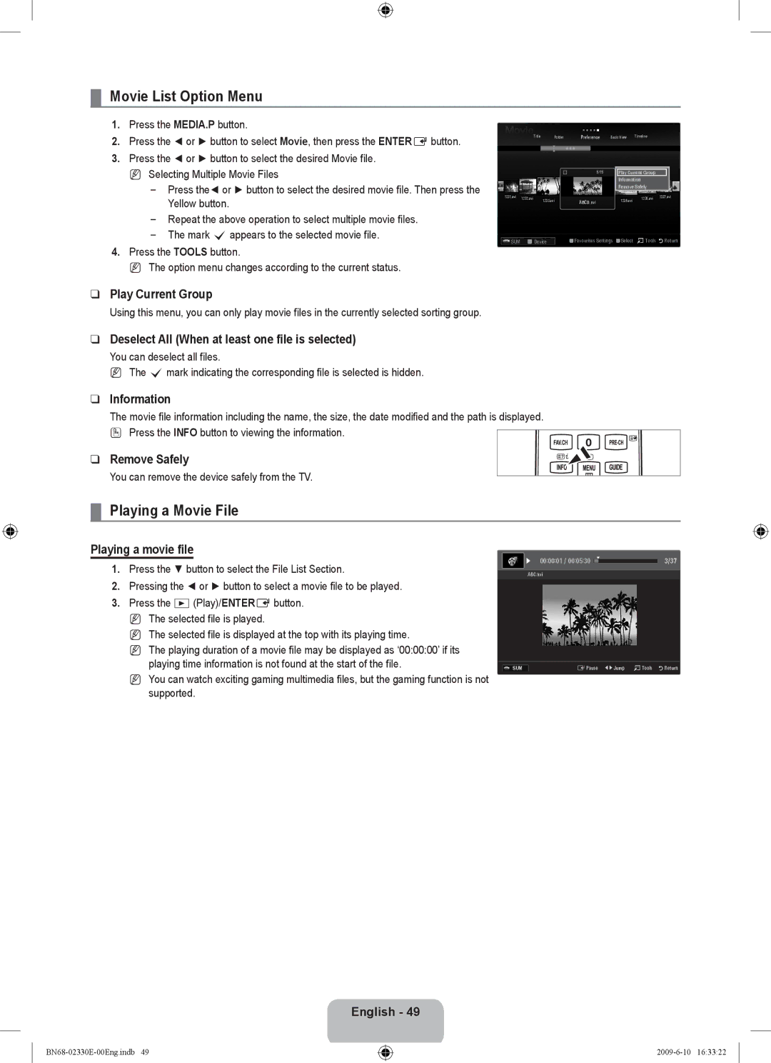 Samsung UE40B8000XWXBT manual Movie List Option Menu, Playing a Movie File, Playing a movie file 