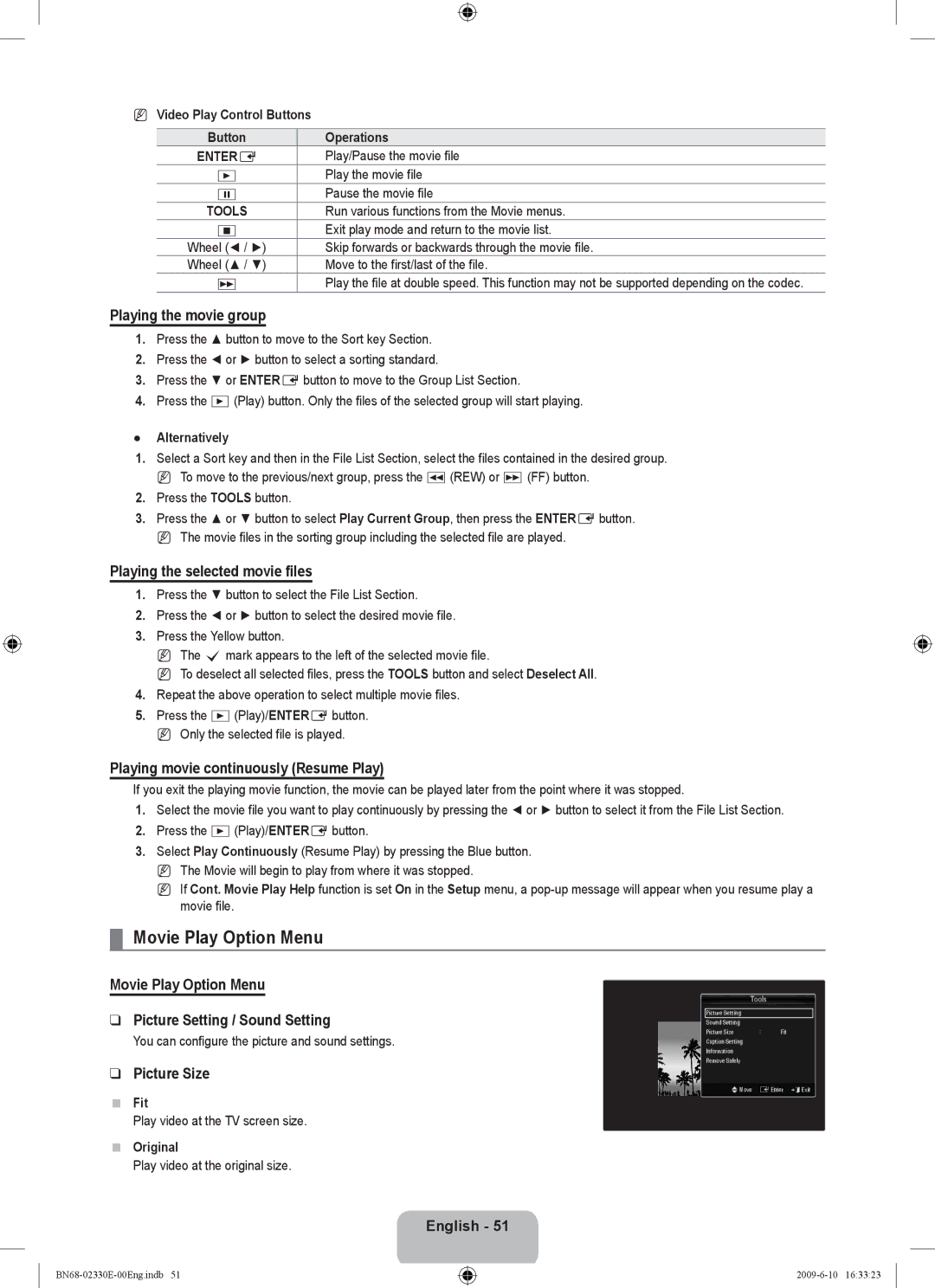 Samsung UE40B8000XWXBT manual Movie Play Option Menu 