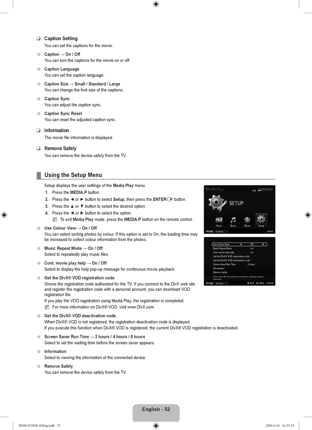 Samsung UE40B8000XWXBT manual Using the Setup Menu, Caption Setting 