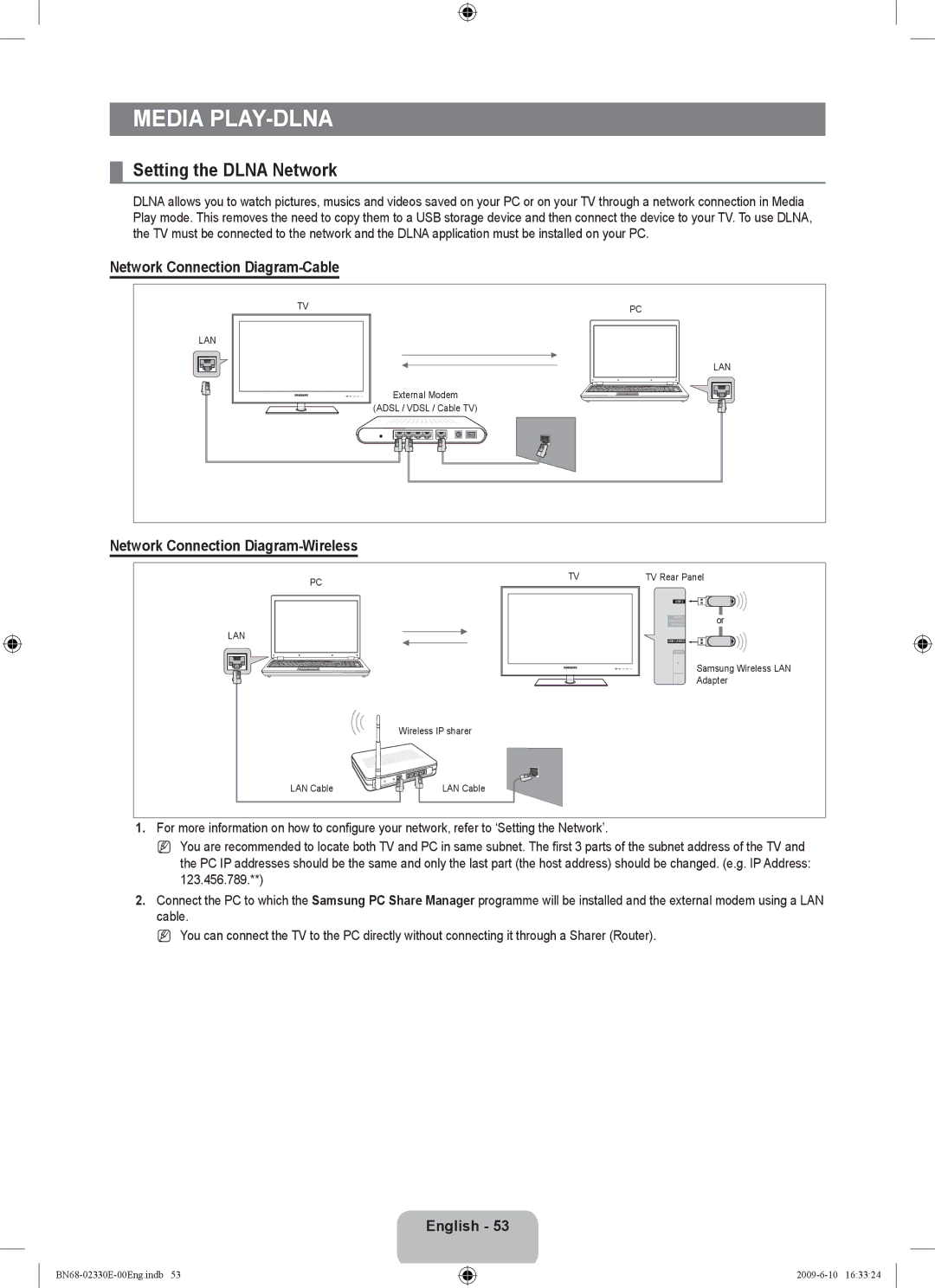 Samsung UE40B8000XWXBT manual Media Play-DLNA, Setting the Dlna Network, Network Connection Diagram-Cable 