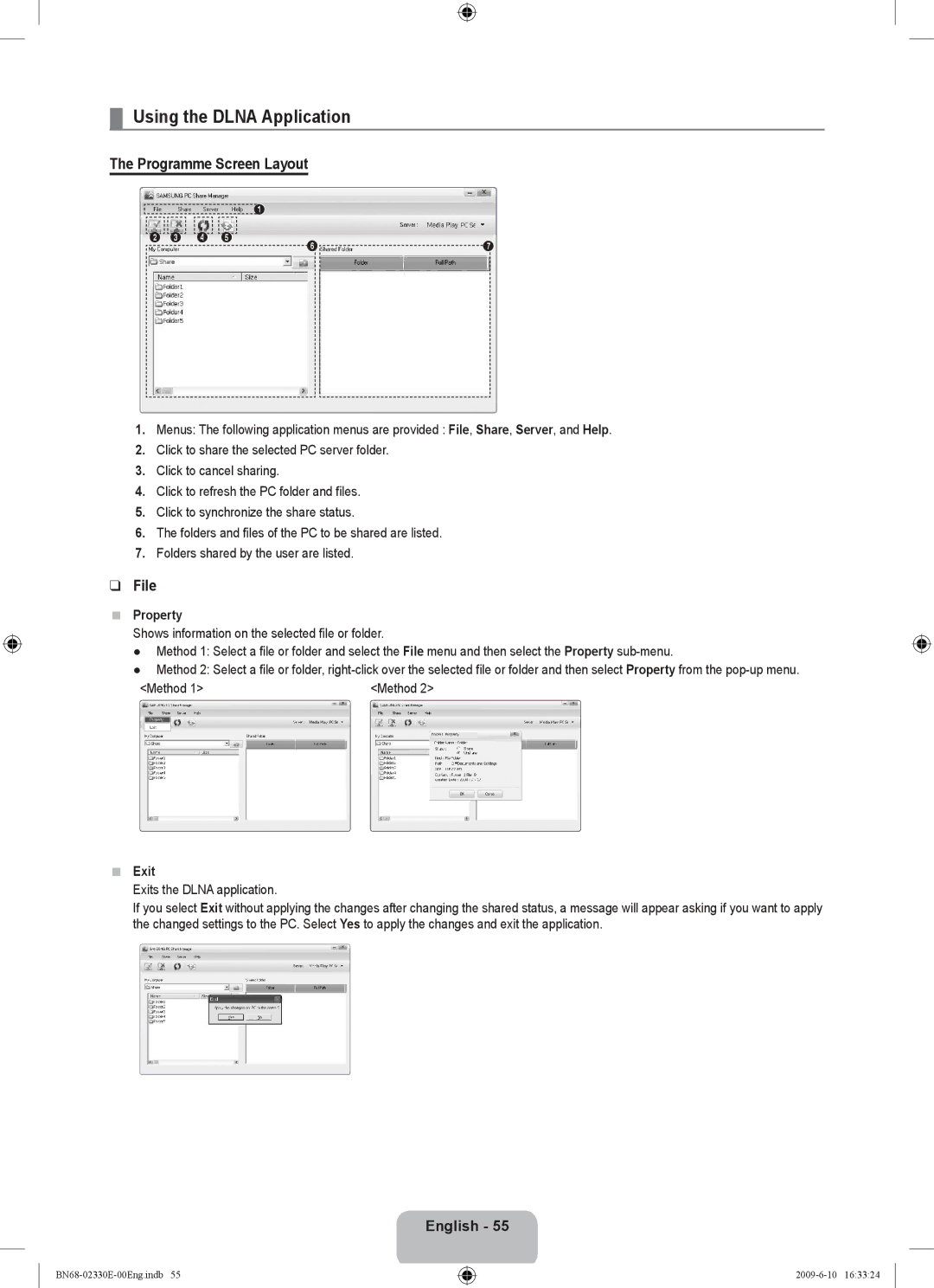 Samsung UE40B8000XWXBT manual Using the Dlna Application, Programme Screen Layout, File, Property, Exit 