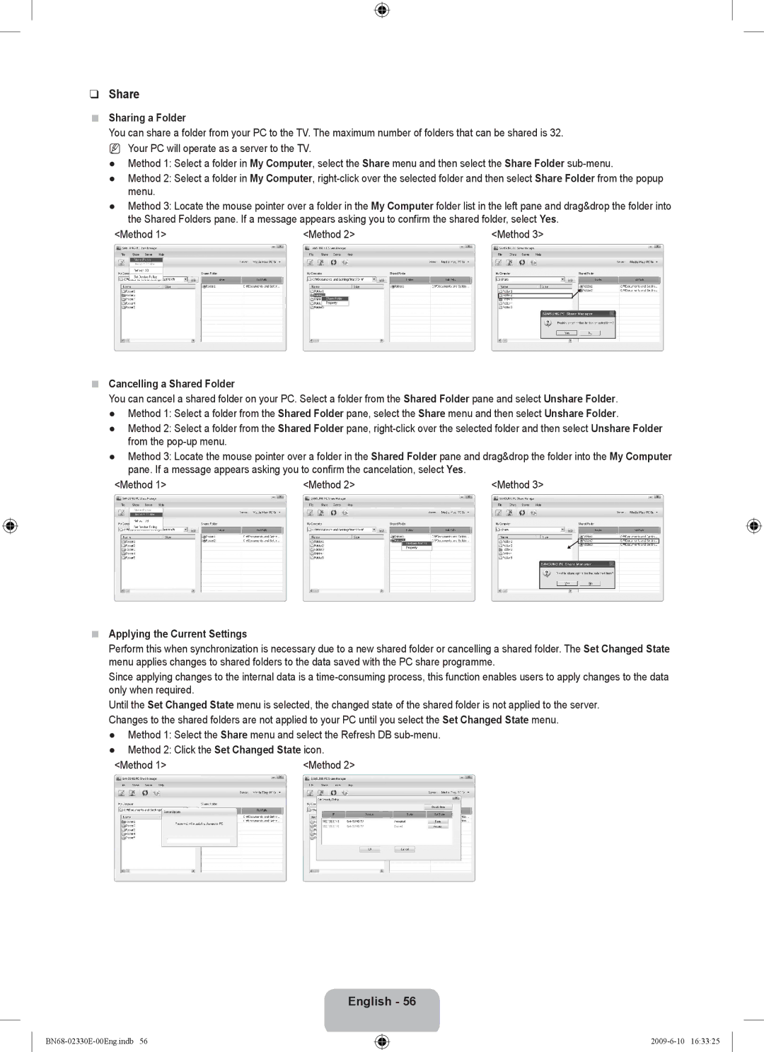 Samsung UE40B8000XWXBT manual Sharing a Folder, Method, Cancelling a Shared Folder, Applying the Current Settings 