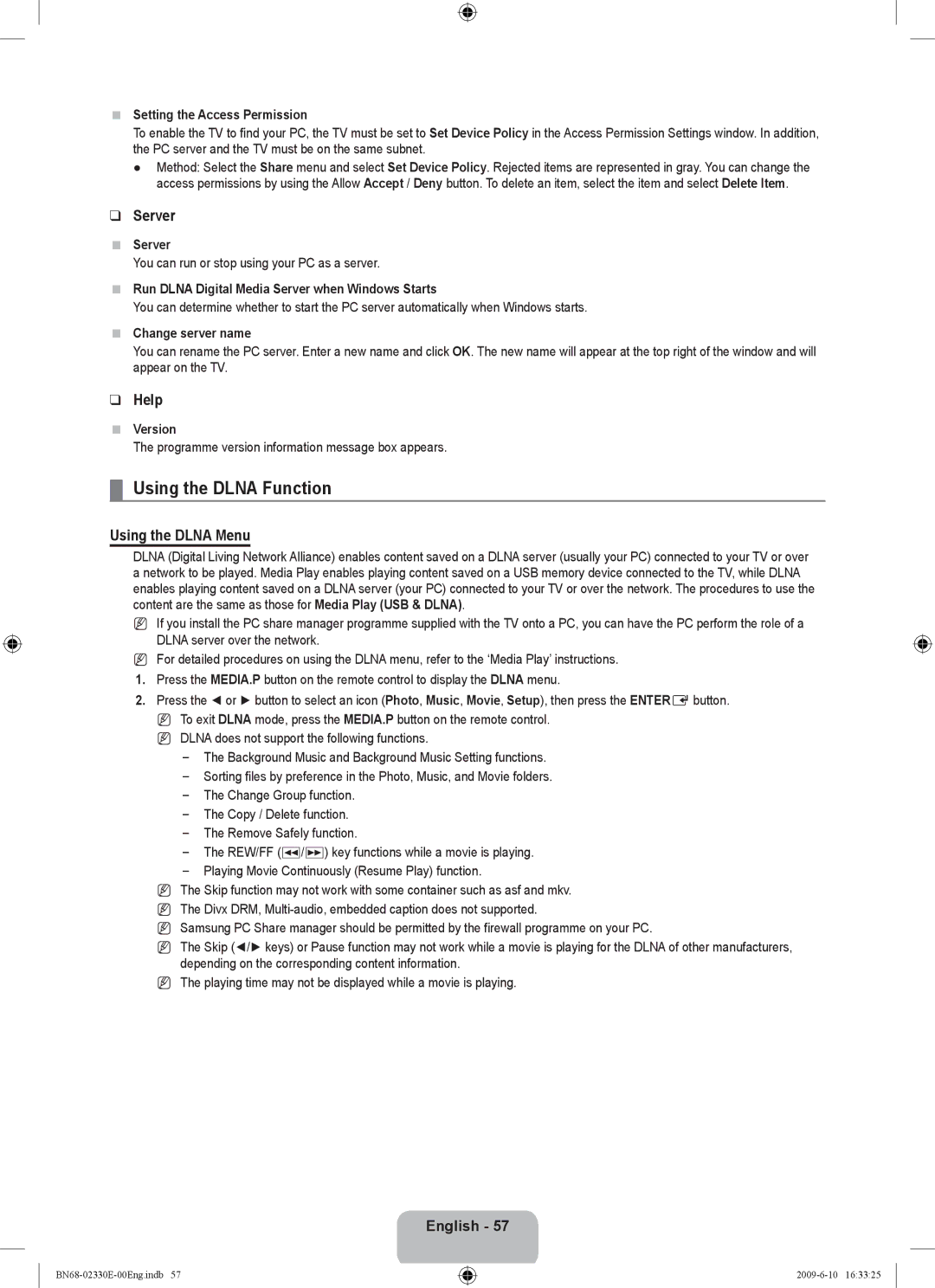 Samsung UE40B8000XWXBT manual Using the Dlna Function, Server, Help, Using the Dlna Menu 