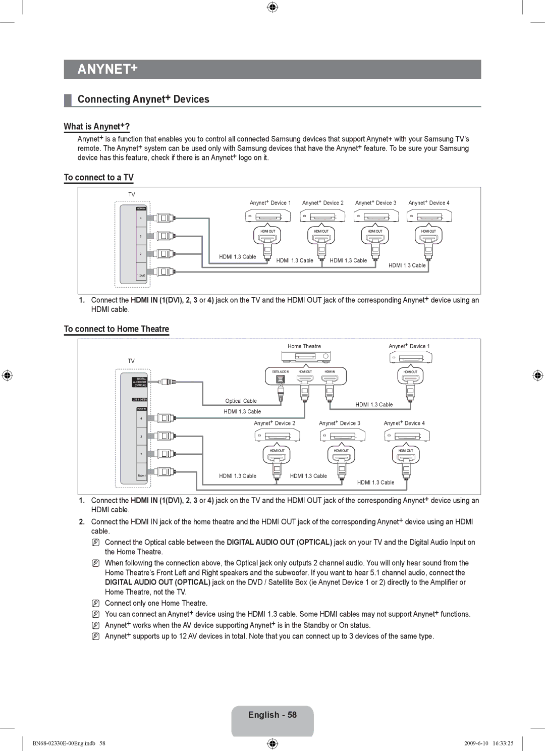 Samsung UE40B8000XWXBT manual Connecting Anynet+ Devices, What is Anynet+?, To connect to a TV, To connect to Home Theatre 