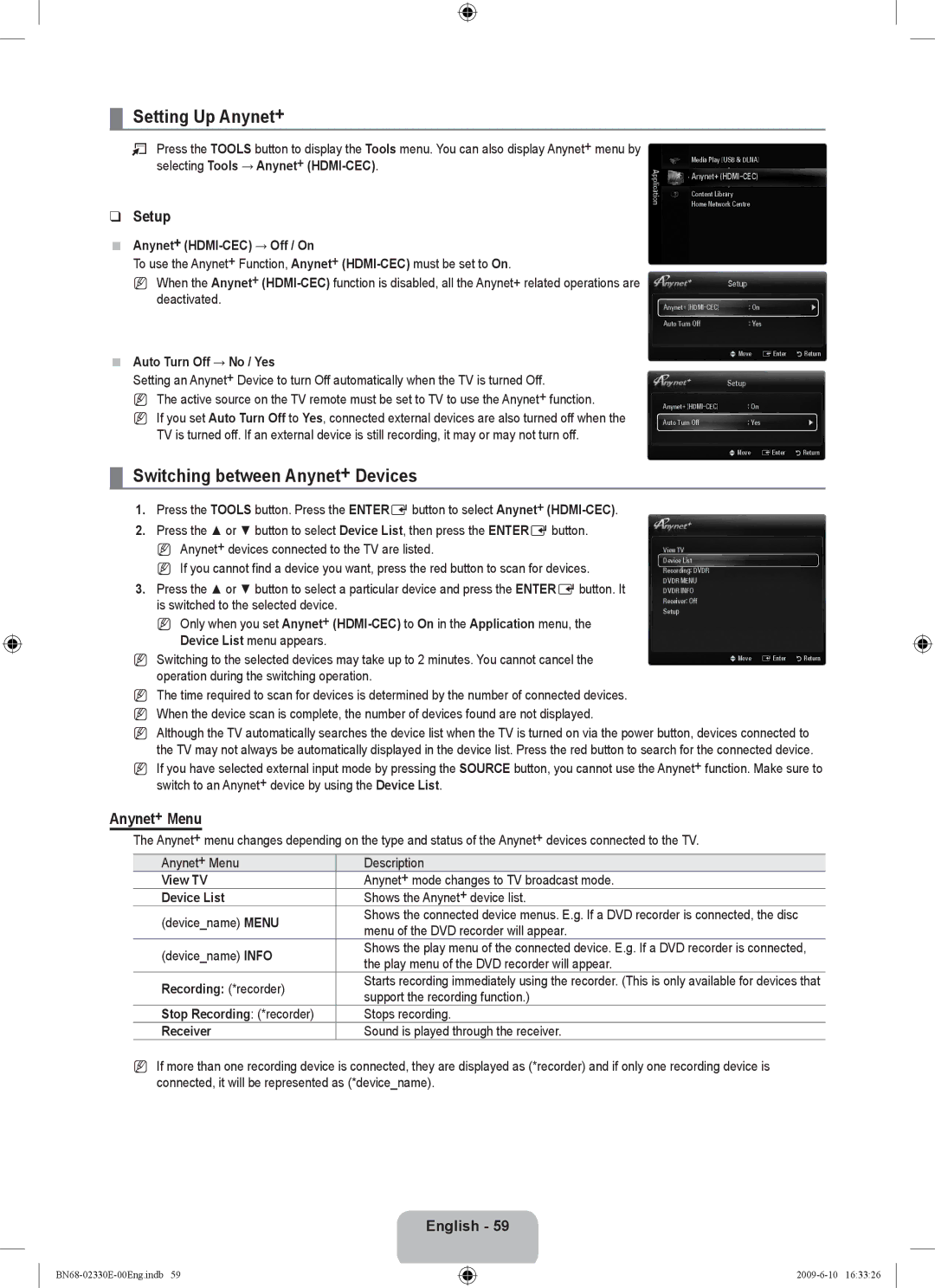 Samsung UE40B8000XWXBT manual Setting Up Anynet+, Switching between Anynet+ Devices, Setup, Anynet+ Menu 