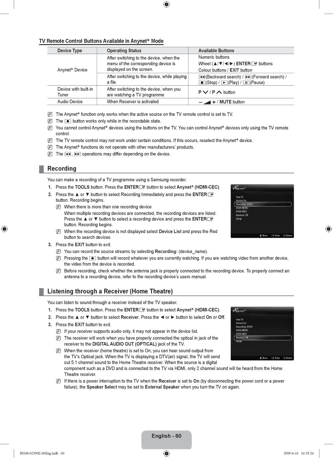 Samsung UE40B8000XWXBT manual Recording, Listening through a Receiver Home Theatre 