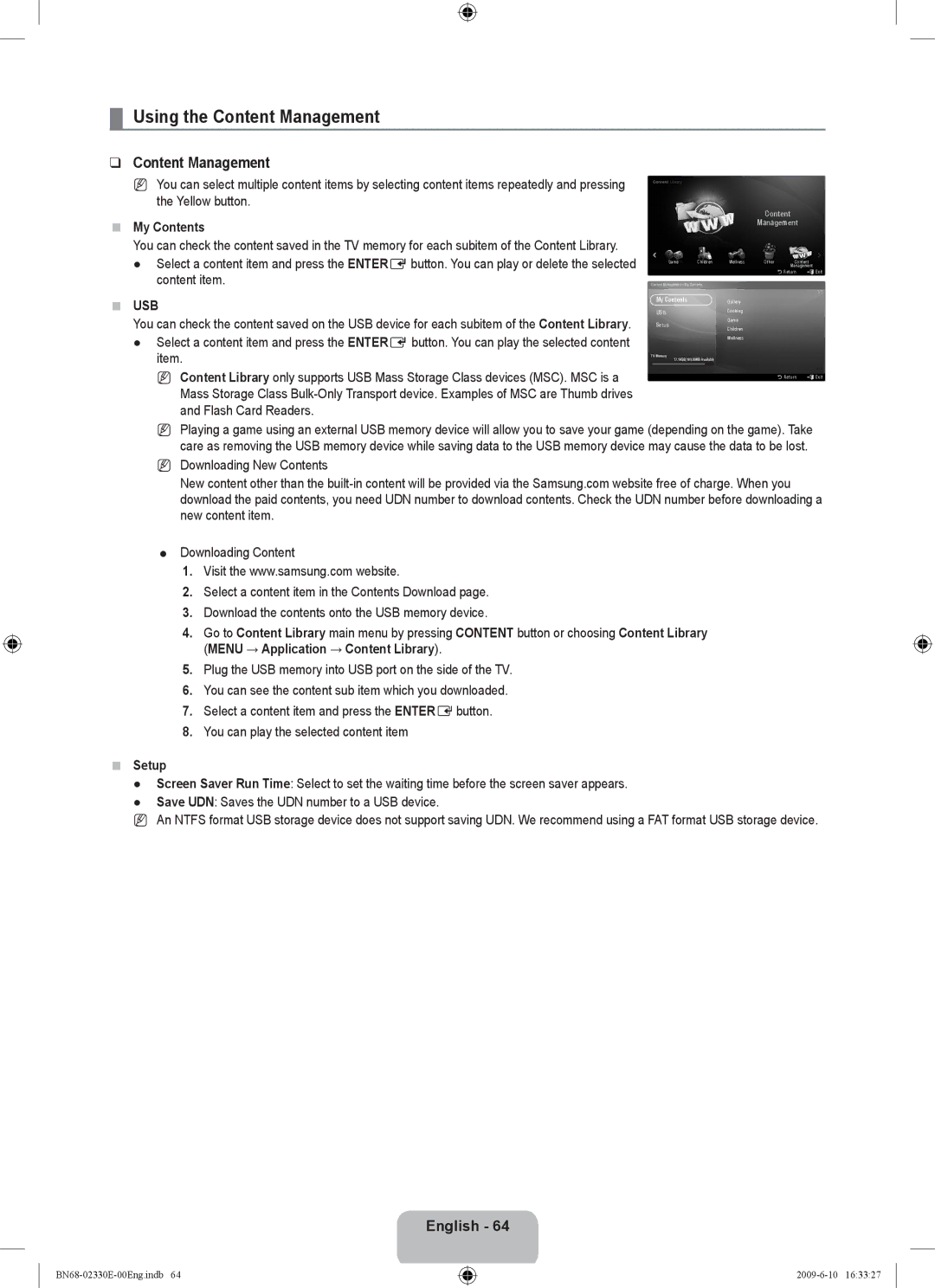 Samsung UE40B8000XWXBT manual Using the Content Management, My Contents, Usb, Setup 