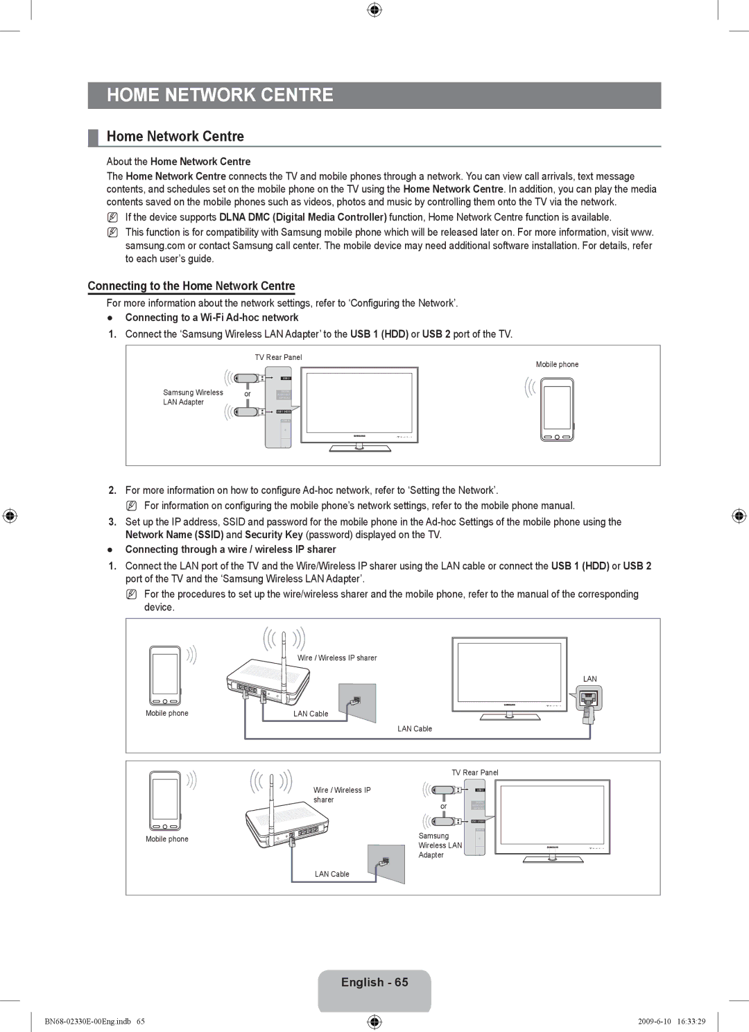 Samsung UE40B8000XWXBT manual Connecting to the Home Network Centre 