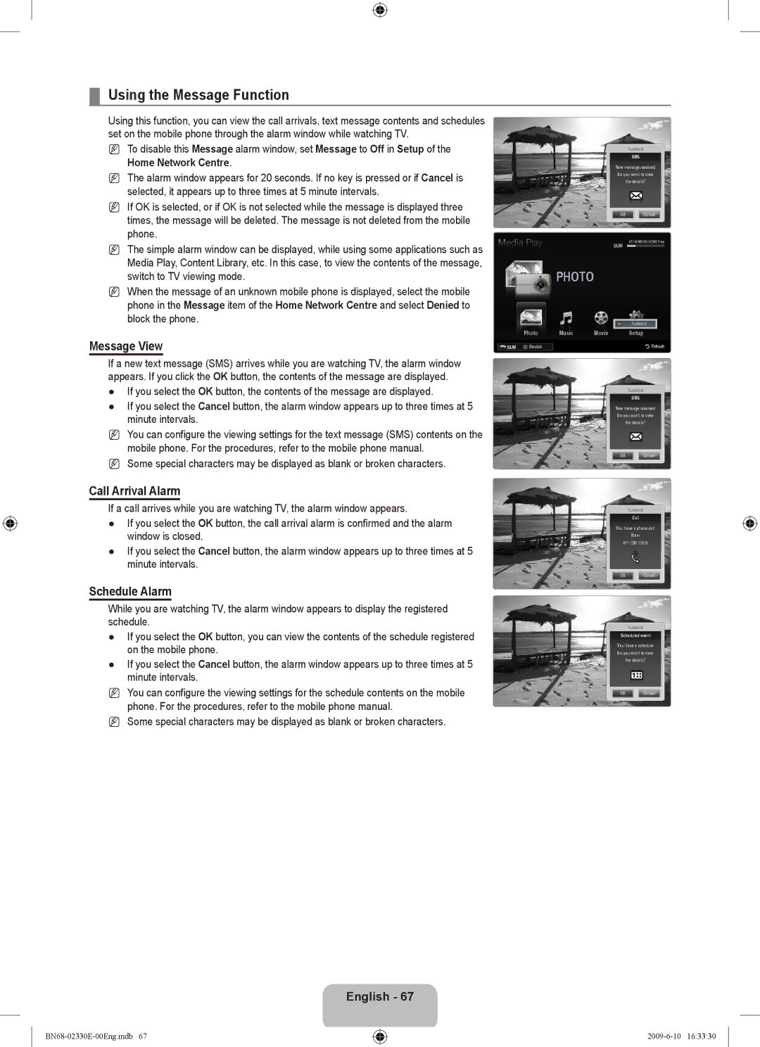 Samsung UE40B8000XWXBT manual Using the Message Function, Message View, Call Arrival Alarm, Schedule Alarm 