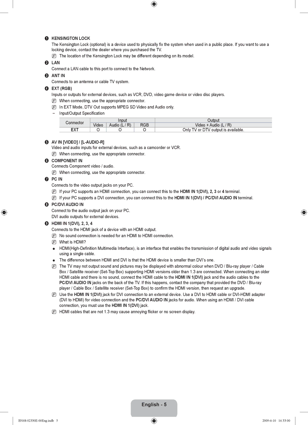 Samsung UE40B8000XWXBT manual Kensington Lock, Lan, Ant, Ext Rgb, AV in Video / L-AUDIO-R, Component, PC/DVI Audio 