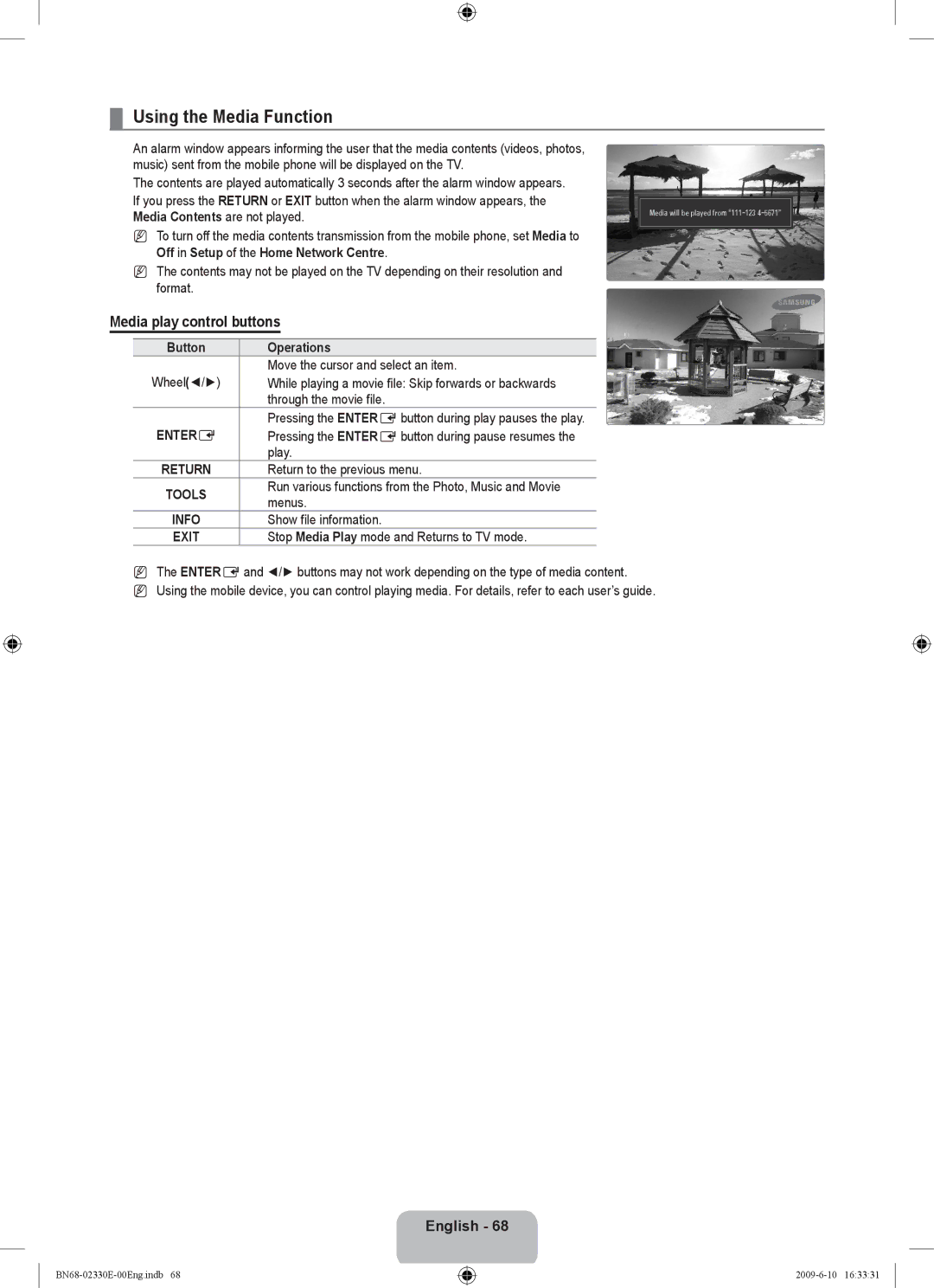 Samsung UE40B8000XWXBT manual Using the Media Function, Media play control buttons 