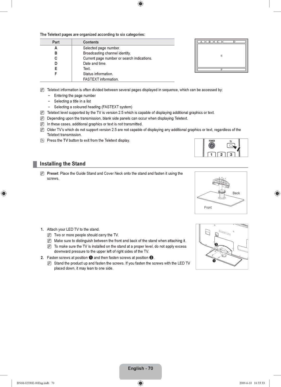 Samsung UE40B8000XWXBT manual Installing the Stand, Selected page number Broadcasting channel identity, Date and time 