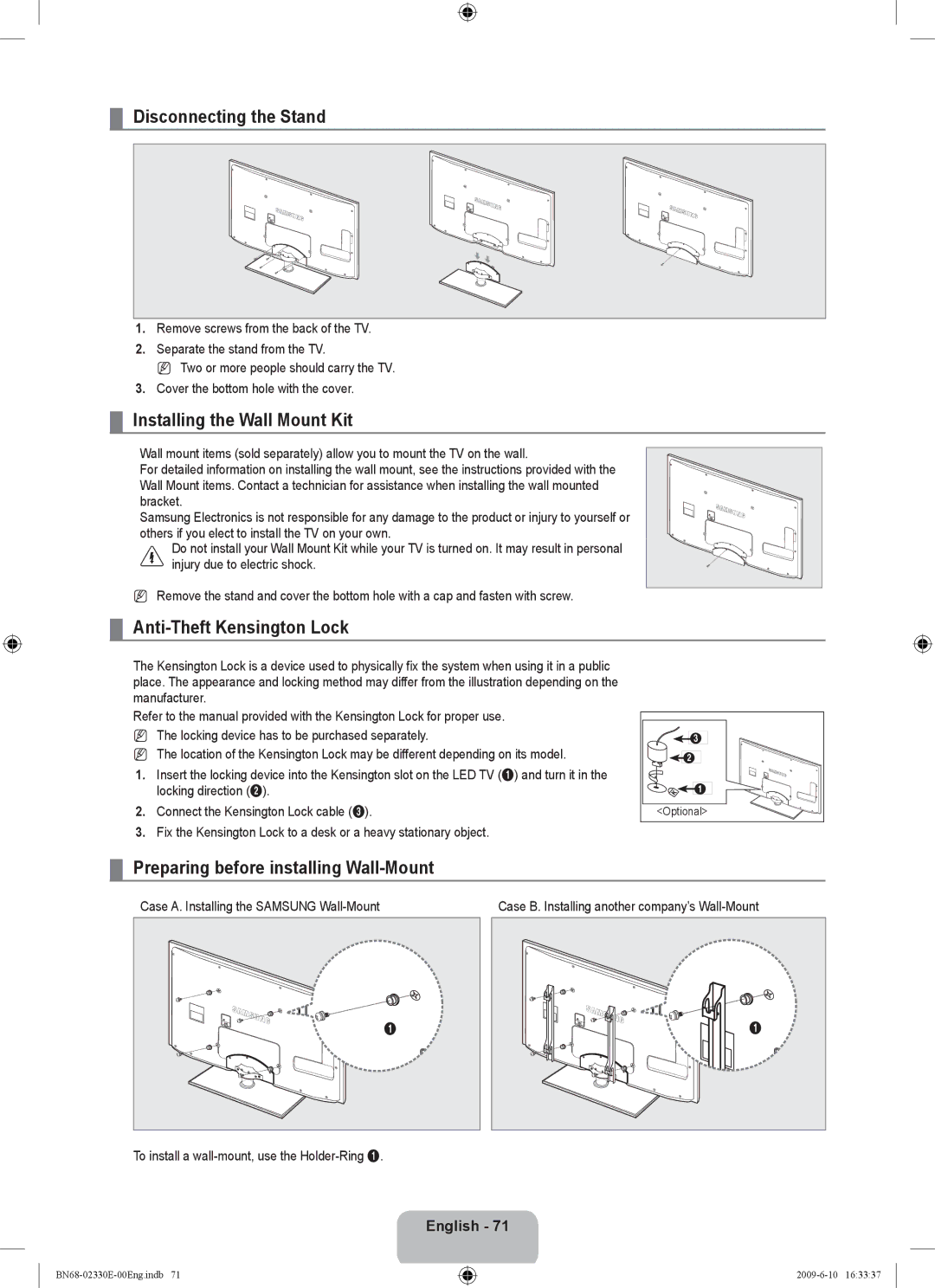 Samsung UE40B8000XWXBT manual Disconnecting the Stand, Installing the Wall Mount Kit, Anti-Theft Kensington Lock 