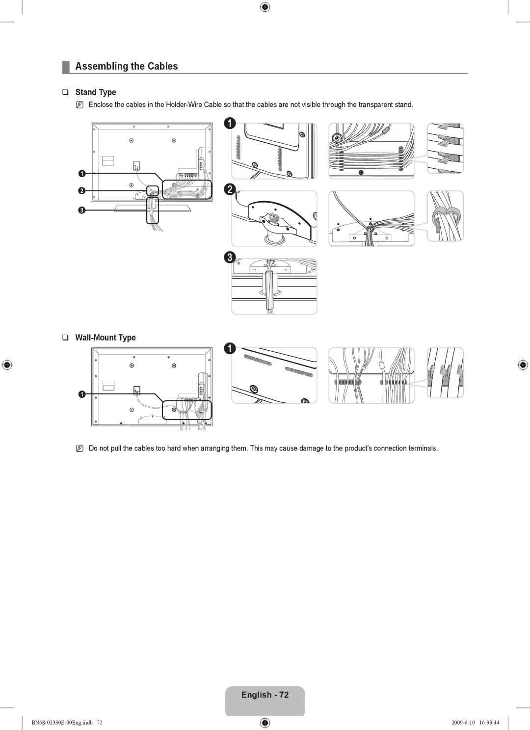 Samsung UE40B8000XWXBT manual Assembling the Cables, Stand Type, Wall-Mount Type, English 2 