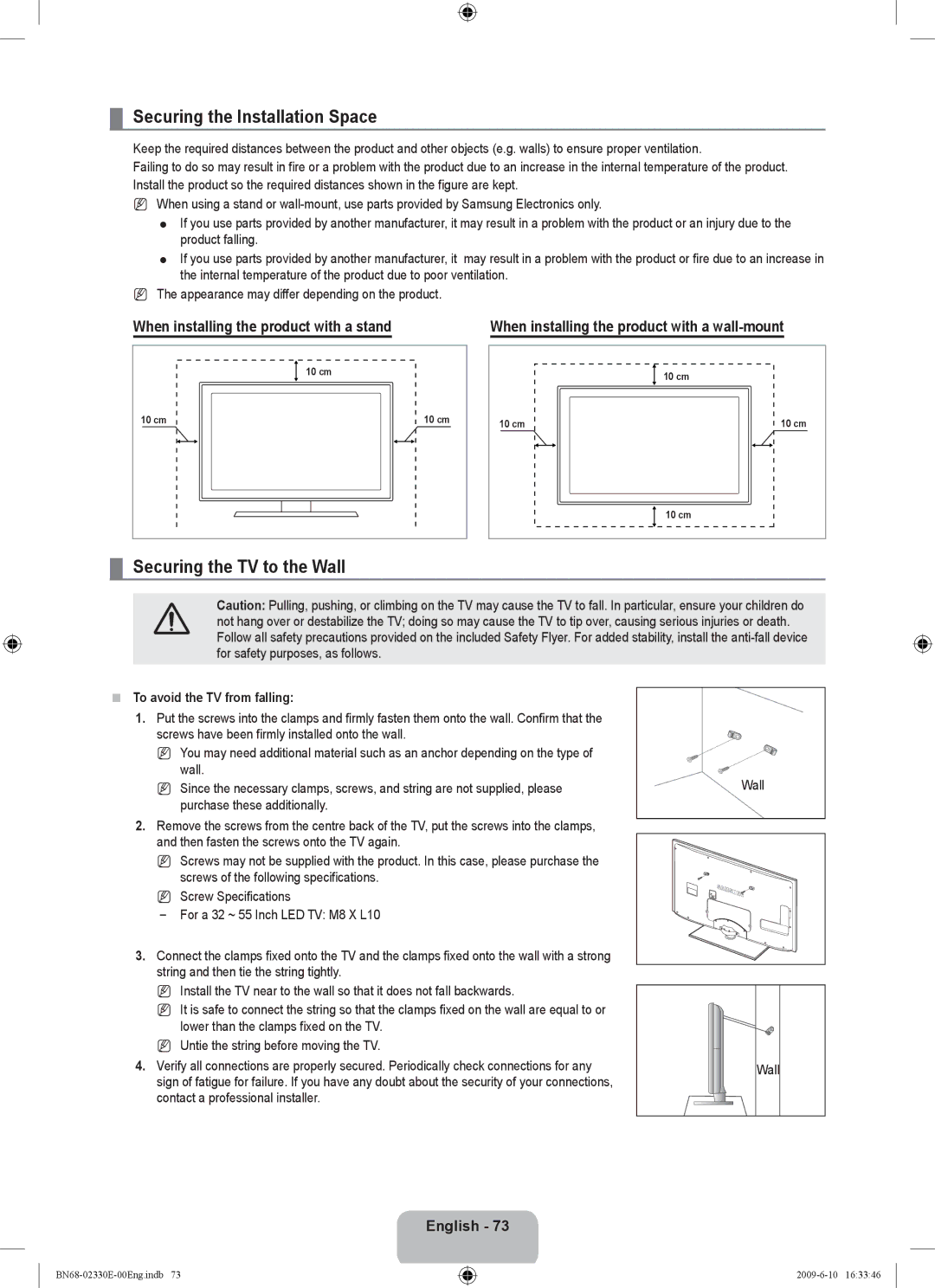 Samsung UE40B8000XWXBT manual Securing the Installation Space, Securing the TV to the Wall, English 3 