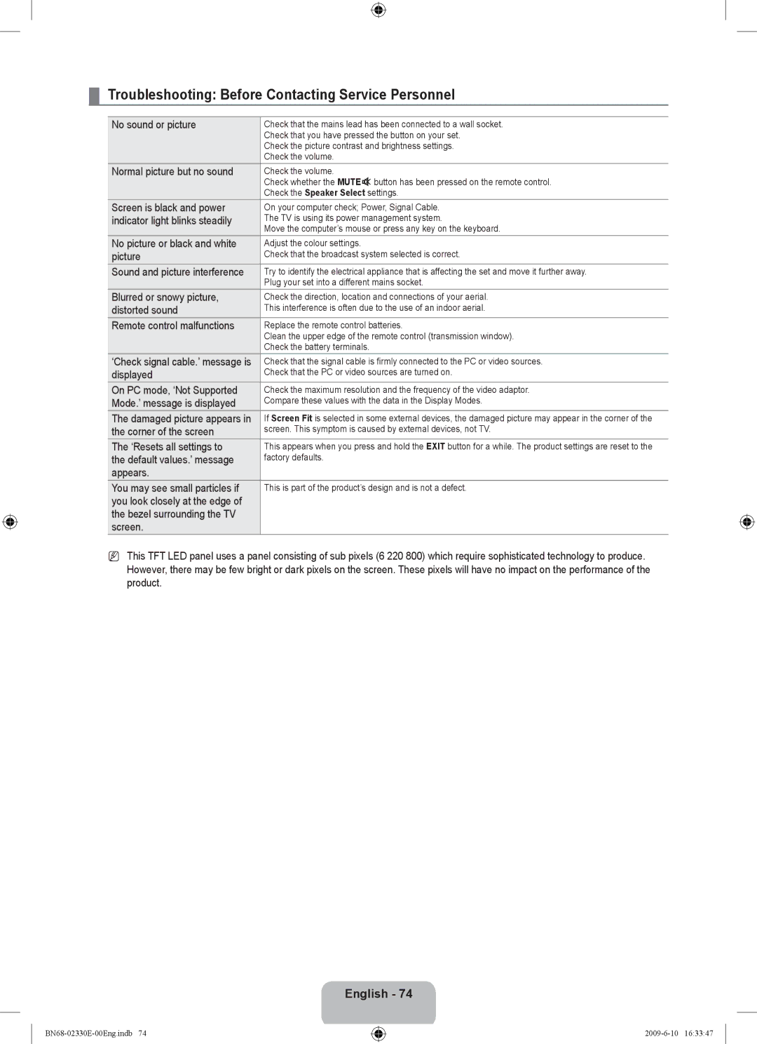 Samsung UE40B8000XWXBT manual Troubleshooting Before Contacting Service Personnel 