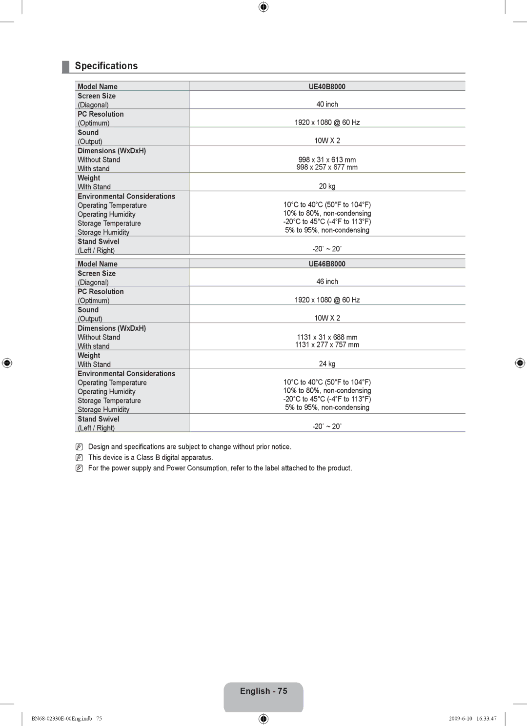 Samsung UE40B8000XWXBT manual Specifications 