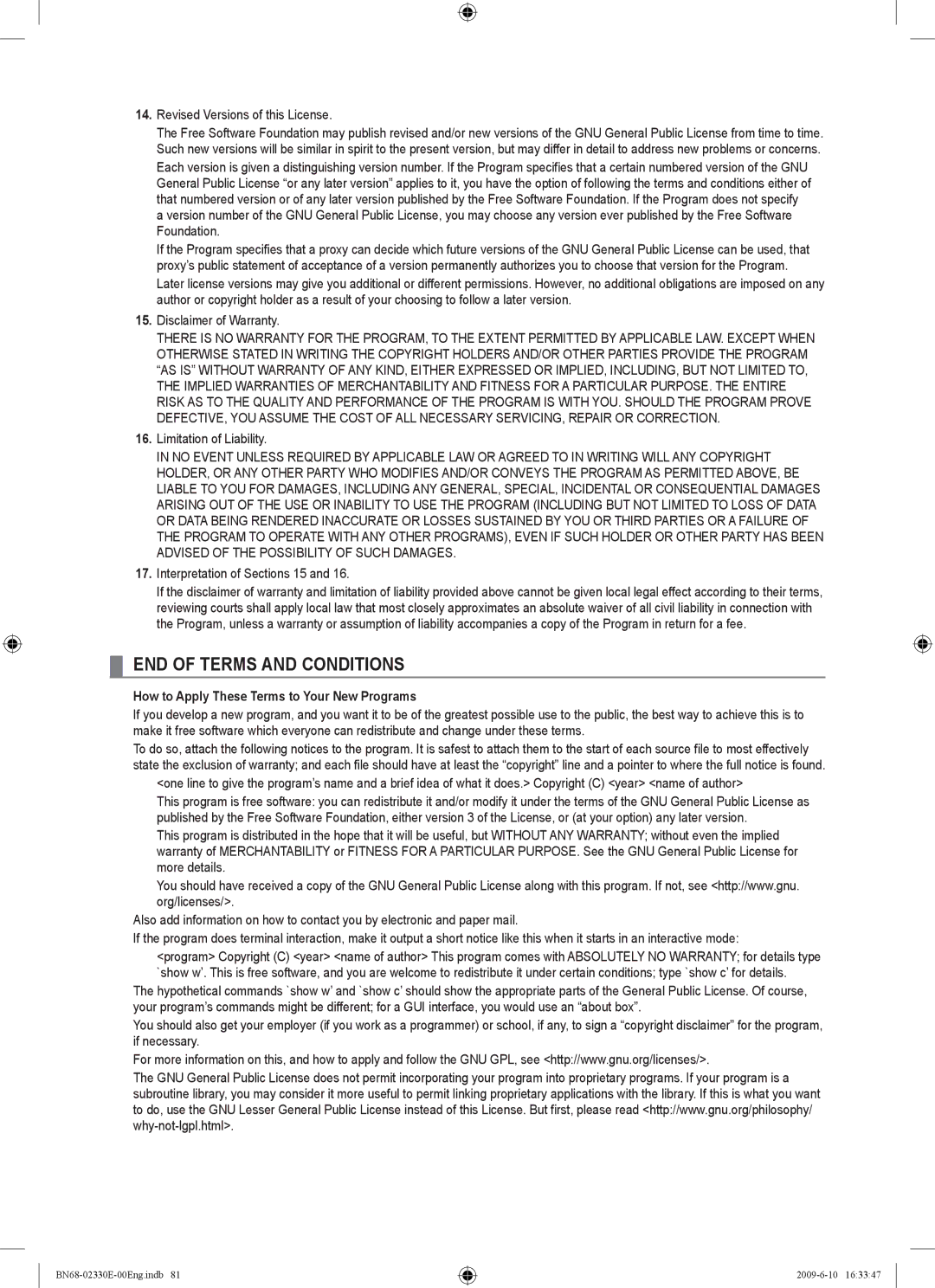 Samsung UE40B8000XWXBT manual Revised Versions of this License, Limitation of Liability, Interpretation of Sections 15 