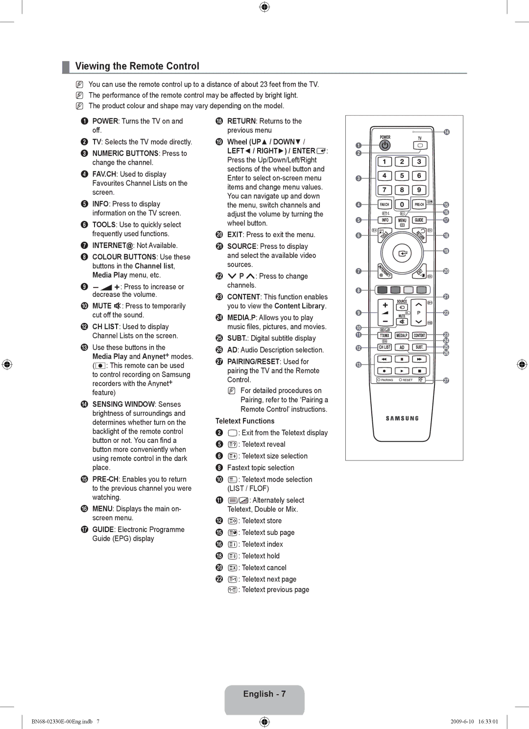 Samsung UE40B8000XWXBT manual Viewing the Remote Control, Numeric Buttons Press to change the channel, Teletext Functions 